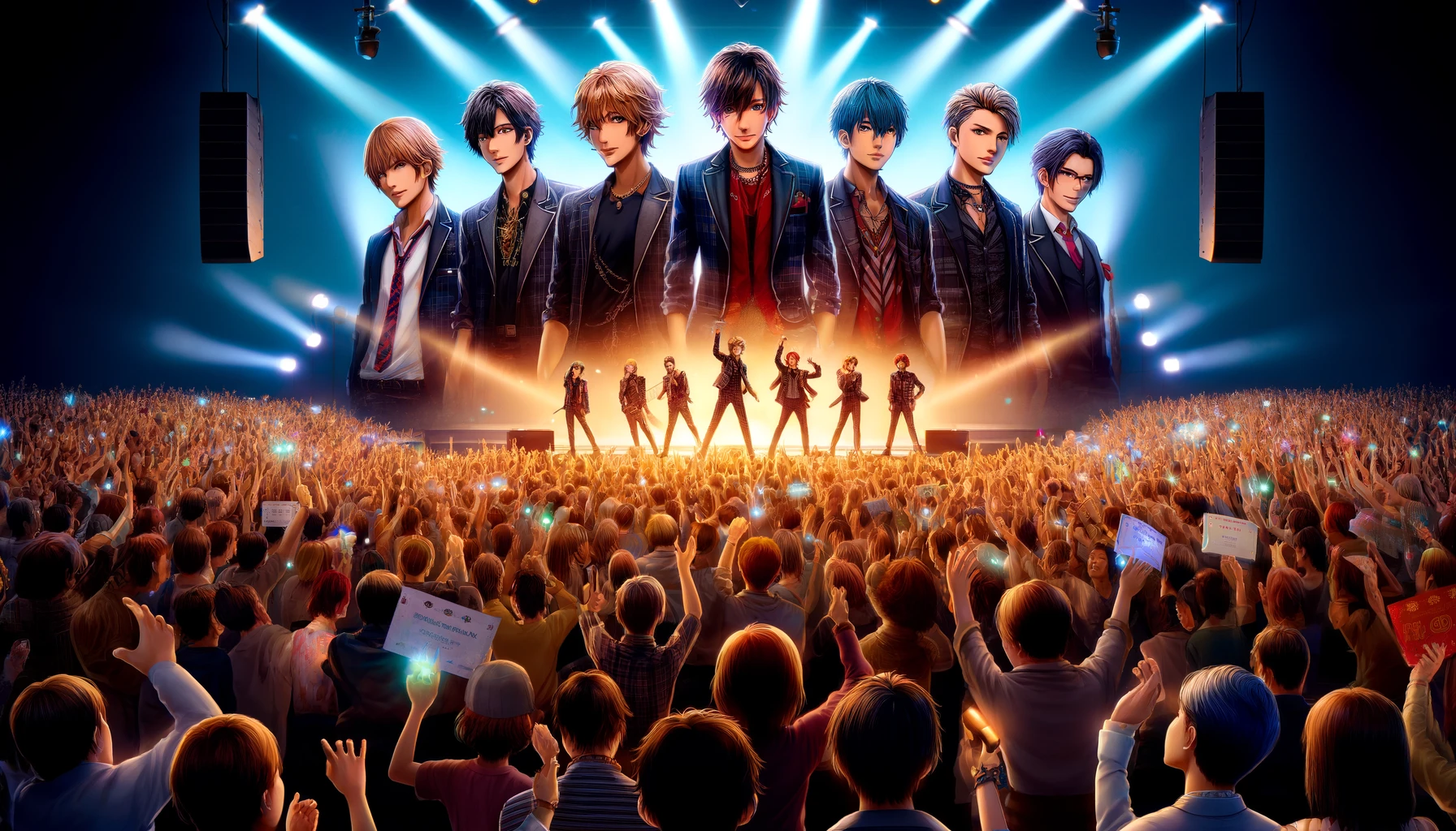 An image of a Japanese male idol group experiencing a sudden rise in popularity, depicted by a vibrant concert scene. The group of six young men, each with unique hairstyles and outfits, performs energetically on a grand stage. The crowd is enormous, with fans holding up signs and light sticks. The stage is adorned with extravagant lighting and large screens showing close-ups of the members. The second image shows the same group at a press conference, surrounded by media and flashing cameras, indicating their skyrocketing fame.