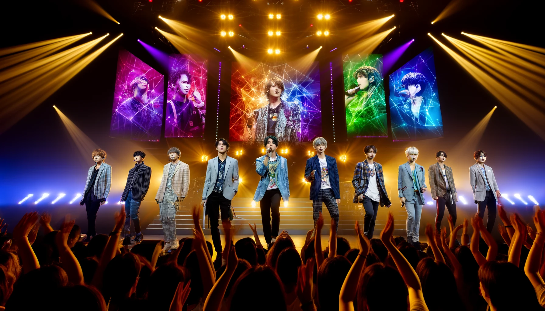 A vibrant and dynamic scene featuring a popular Japanese male idol group on stage during a concert. The group consists of five young men, each with distinct fashion styles ranging from stylish streetwear to sophisticated suits. The stage is brightly lit with colorful lights, and the background displays large LED screens showing abstract visuals. The audience in the foreground is cheering enthusiastically. The setting captures the energy and excitement typical of a pop concert in Japan.