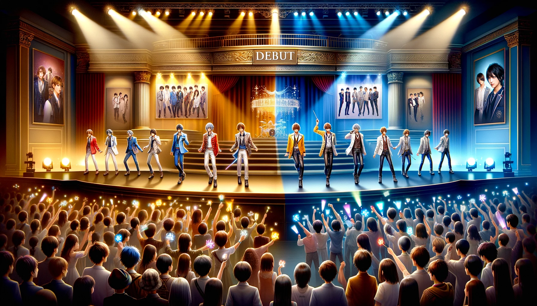 An exciting scene depicting the debut event of two new Japanese male idol groups at the same venue. The scene shows a split stage, with each group performing their debut songs. On the left, one group wears colorful, modern pop outfits, and on the right, the other group is dressed in classic, elegant attire. The atmosphere is festive, with a crowd of fans waving light sticks and banners. Above the stage, a large banner reads 'Debut Live Concert'. The setting is a large concert hall with sophisticated lighting and decor.