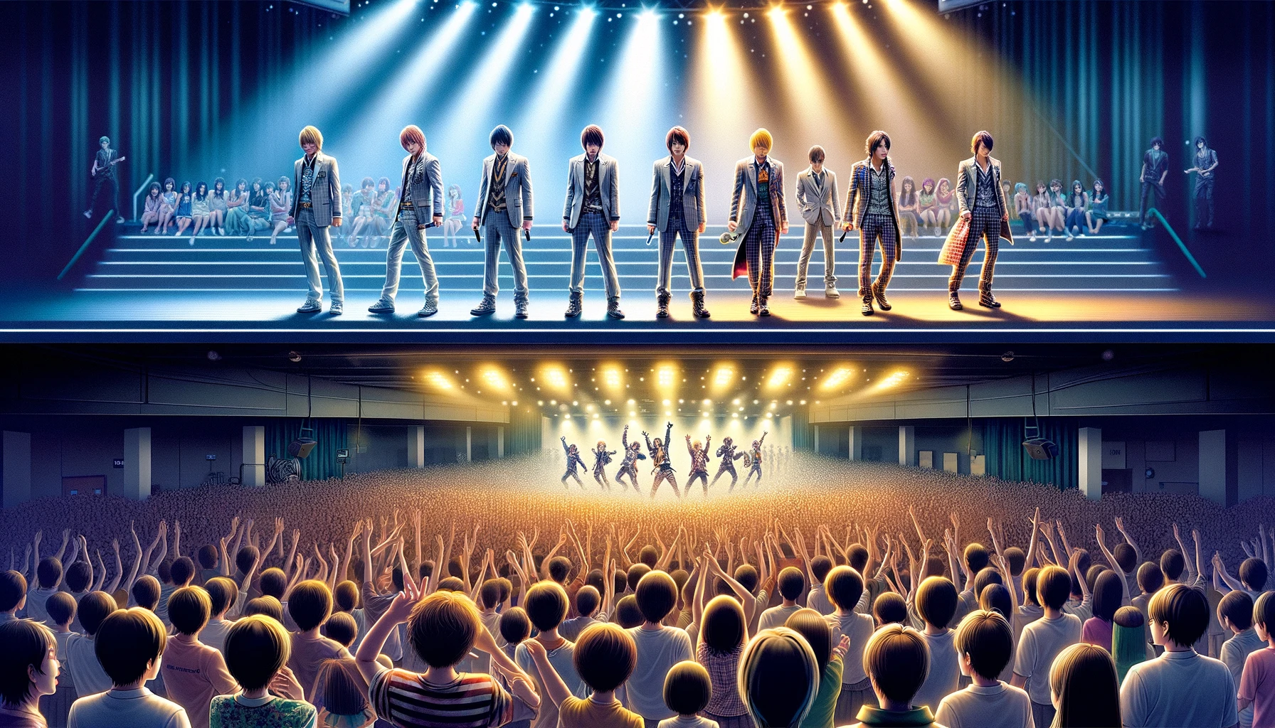 An image showing a reversal in popularity between two Japanese male idol groups that debuted at the same time. The scene is divided: on the left, the initially less popular group now performs on a large, packed stage with bright lights and enthusiastic fans. They are dressed in flashy, modern outfits. On the right, the group that was initially more popular is now performing in a smaller, sparsely attended venue with muted lighting and simple stage decor. The contrast illustrates the dramatic change in their fortunes.