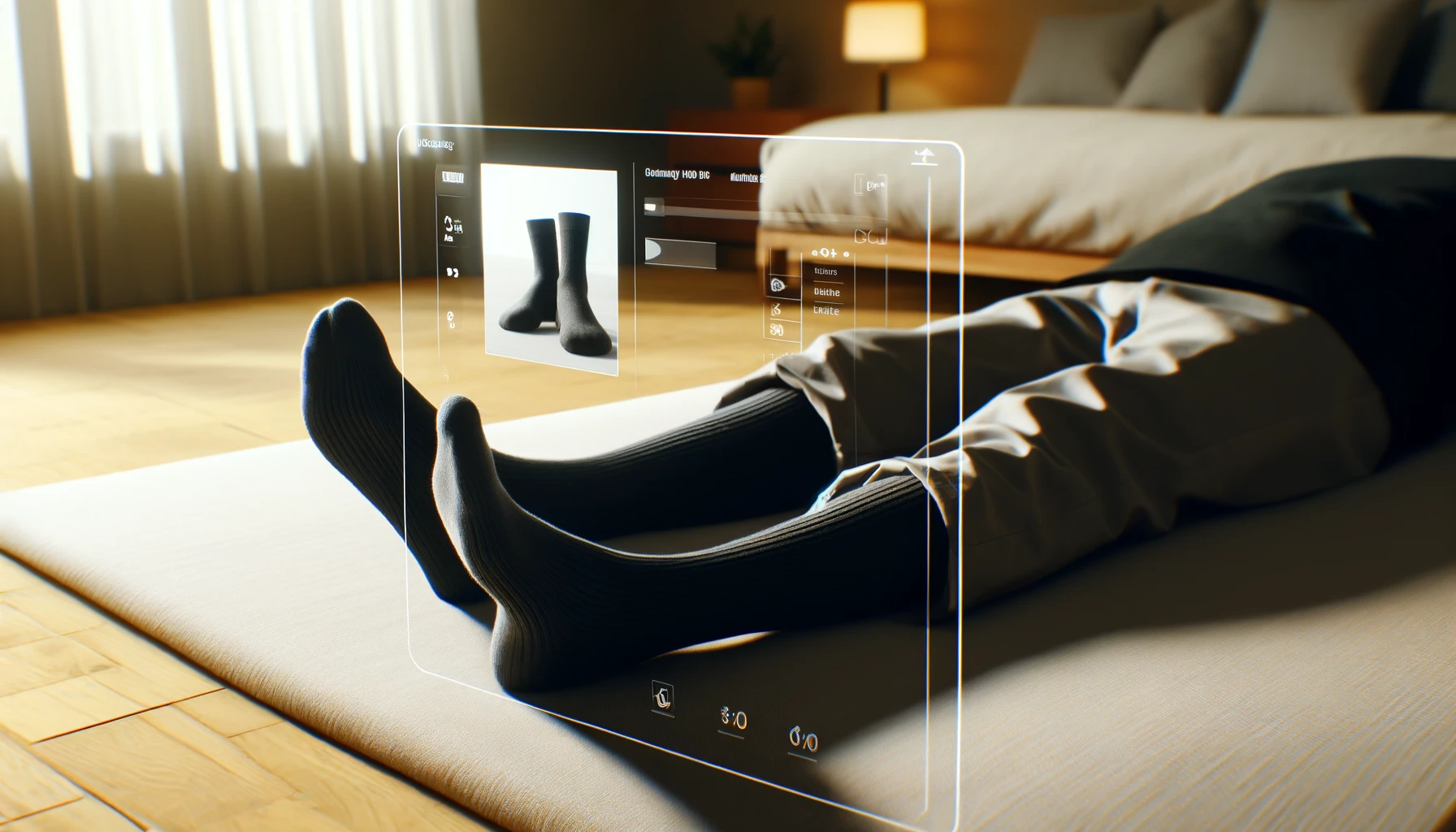 Visualize a person lying on their side wearing black socks that cover the legs from the knees down. The image should show the socks fitting snugly, with a clear view of the socks from the side. The setting should be a calm and neutral space, such as a bedroom or a lounge area, that suggests relaxation. The lighting should be soft and warm, giving a cozy and comfortable ambiance. This scene should be captured in a 16:9 aspect ratio to give a widescreen perspective.