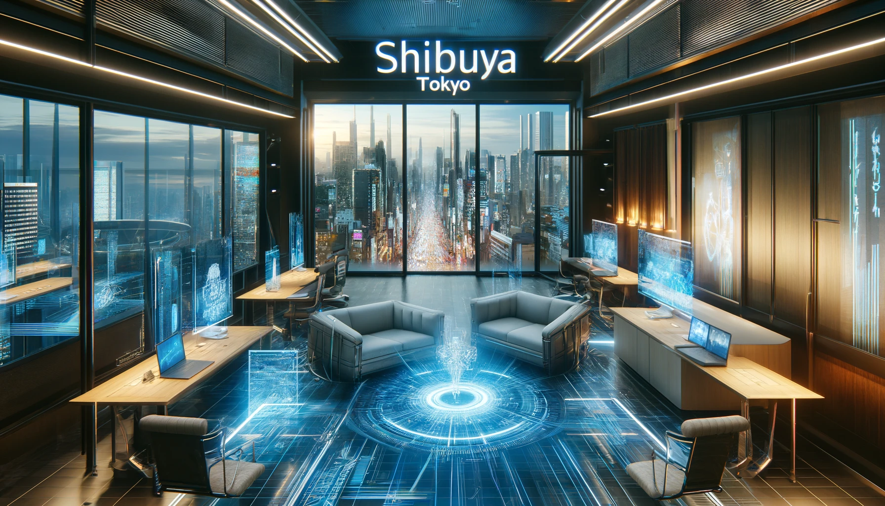 An image of a virtual office located in Shibuya, Tokyo. The scene is modern and high-tech, featuring sleek, futuristic furniture and advanced technology like holographic displays and virtual reality interfaces. The office is spacious and well-lit, with large windows offering a view of the bustling city outside. The walls are decorated with digital art, and there's a comfortable seating area for informal meetings. In the center of the image, the word 'Shibuya' is prominently displayed in stylish, modern font.