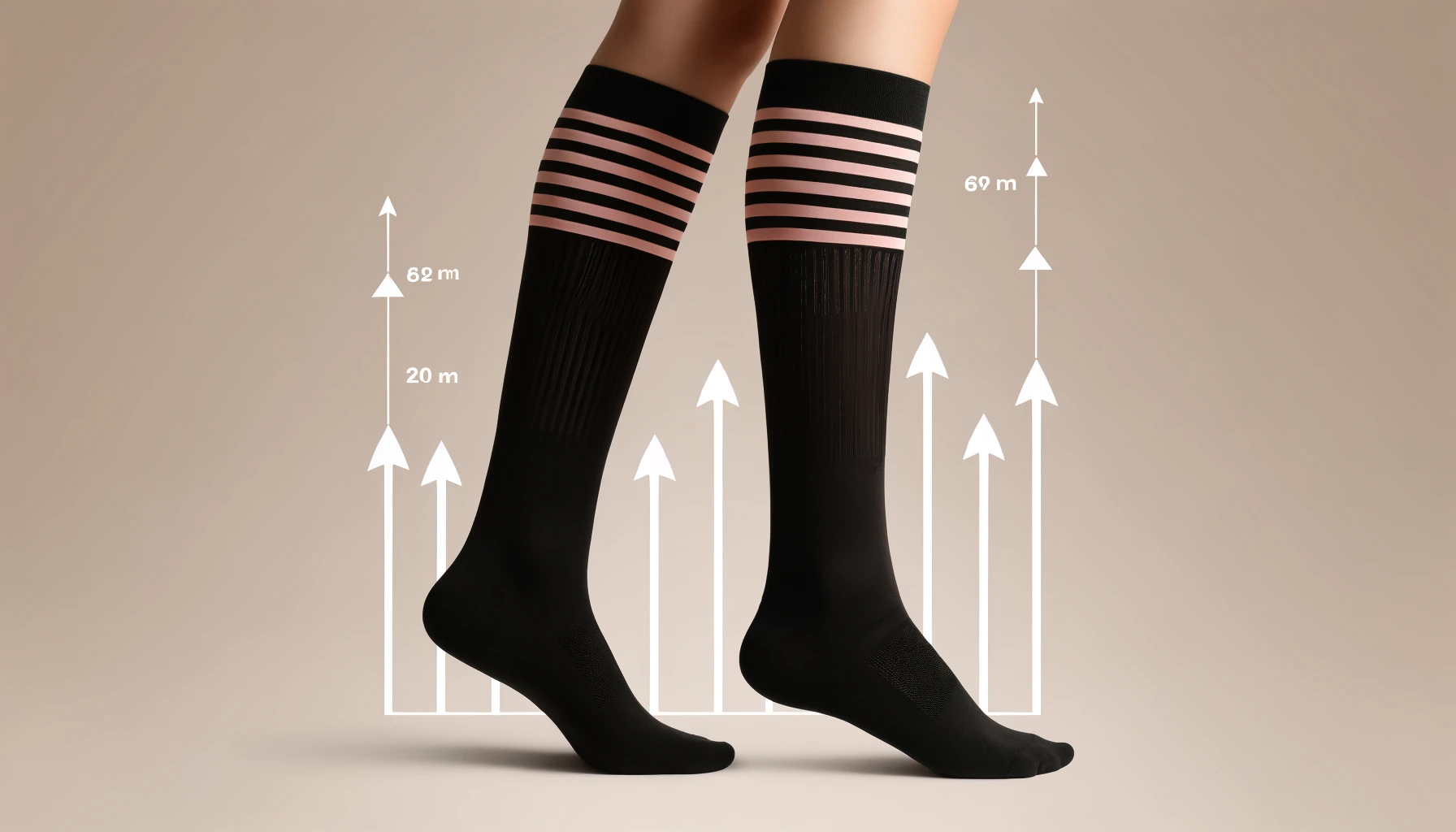 An image of compression socks designed for women, tightly fitting the lower half of the legs, focusing on the ankle and foot. The socks should be black with three soft pink horizontal stripes at the top of the compression area. They should be shown worn on a pair of women's legs, which are raised to highlight the fit and compression effect. Upward arrows illustrate the compression effect, implying improved blood circulation. The backdrop should be neutral to not distract from the socks. The image should have a 16:9 aspect ratio.