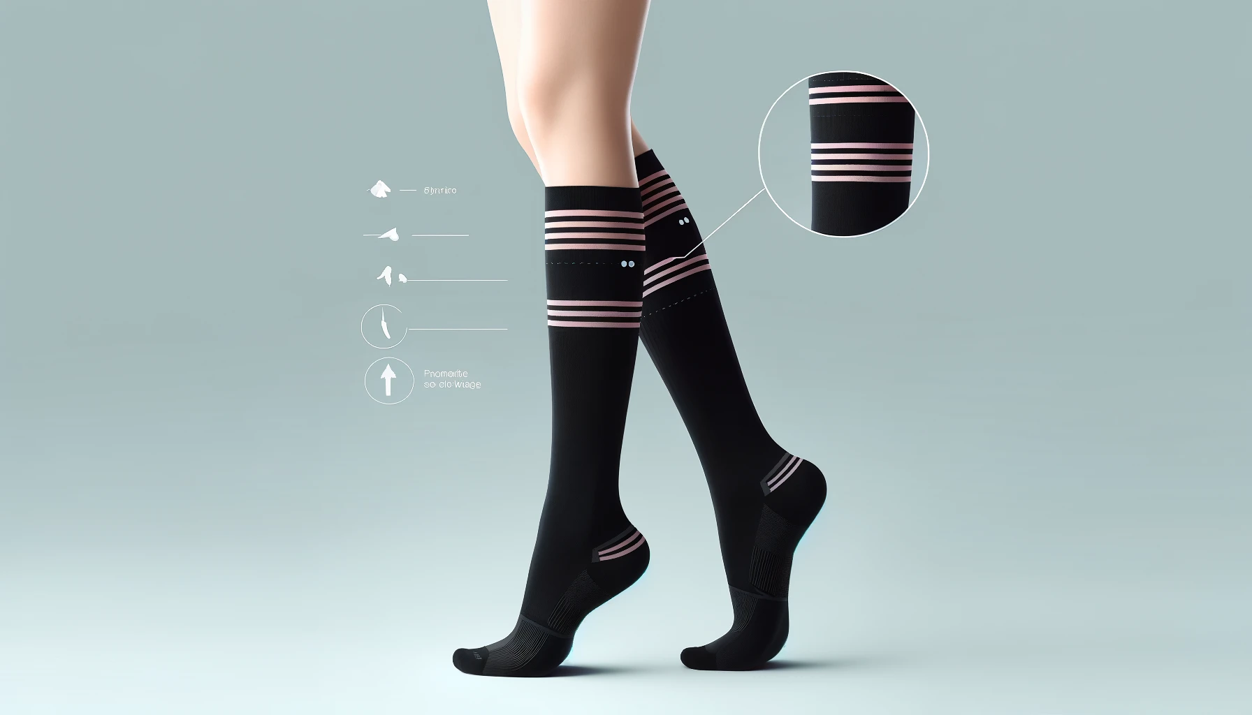 Create an image of specialized compression socks for women, exhibiting a snug fit on the lower legs, accentuating the calf, ankle, and foot. The socks should be elegant black with three distinctive, soft pink horizontal stripes on the upper section, symbolizing the compression zone. The socks are to be worn on a woman's legs, poised delicately to emphasize the shape and the compression feature of the socks. Visual indicators such as arrows should be present, signifying the function of promoting better blood flow. The background should remain simple and subtle to keep the focus on the socks, with a 16:9 aspect ratio.