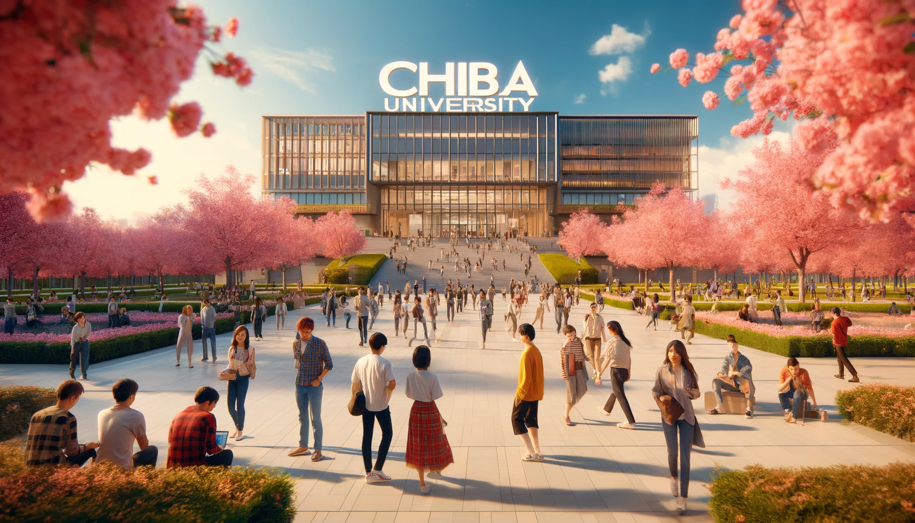 A vibrant university campus scene depicting the popularity of Chiba University in Japan, with the word 'Chiba' prominently displayed in the sky. The image features a large group of diverse students of various Asian descents, casually dressed, walking and chatting among cherry blossoms in full bloom. The university's modern architecture, with sleek glass buildings and landscaped gardens, is visible in the background. The scene is lively, with students engaging in outdoor activities like reading, using laptops, and group discussions, showcasing a bustling academic environment.