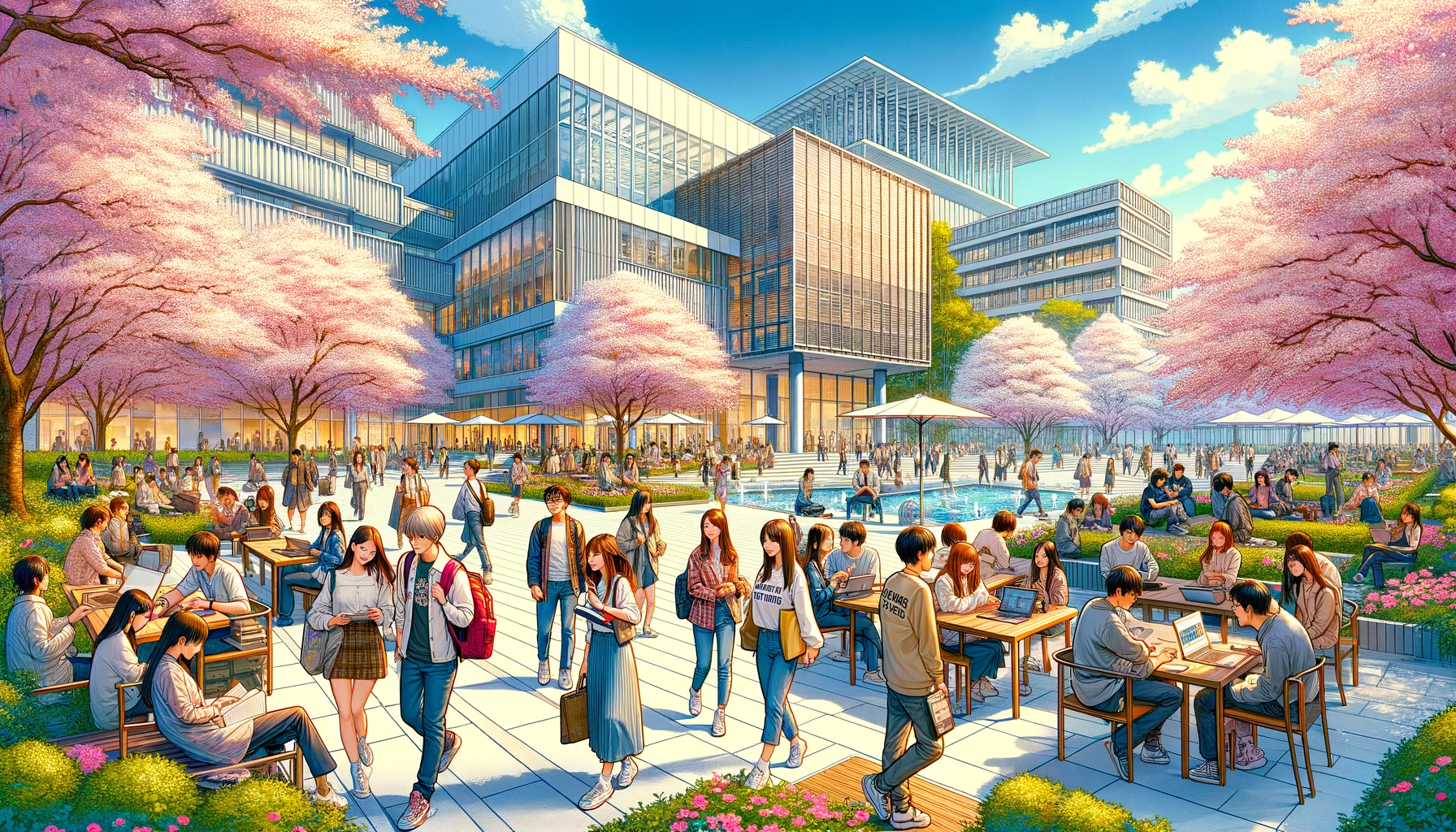 A vibrant university campus scene depicting the popularity of Chiba University in Japan. The image features a large group of diverse students of various Asian descents, casually dressed, walking and chatting among cherry blossoms in full bloom. The university's modern architecture, with sleek glass buildings and landscaped gardens, is visible in the background. The scene is lively, with students engaging in outdoor activities like reading, using laptops, and group discussions, showcasing a bustling academic environment.