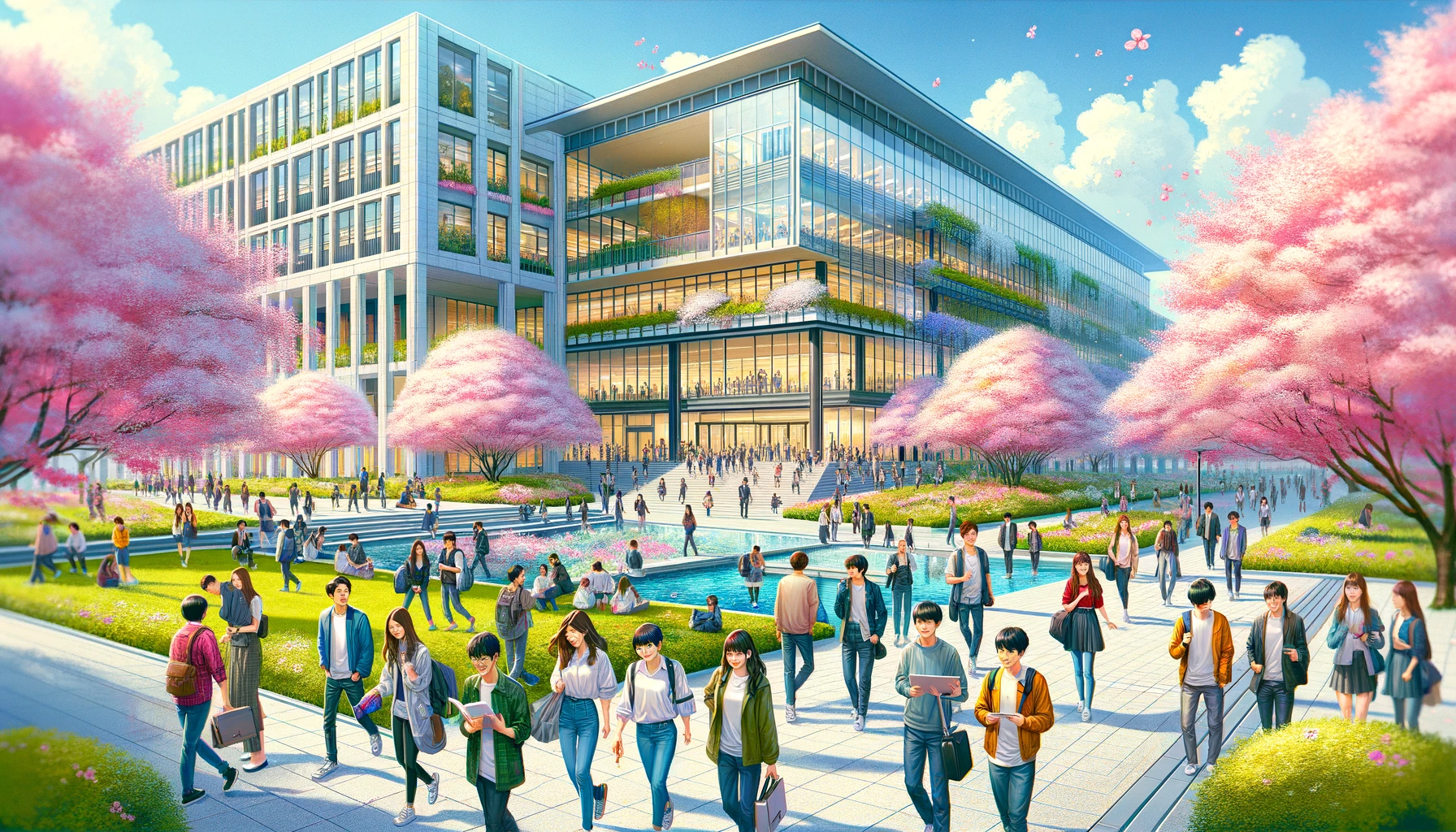 A vibrant university campus scene depicting the popularity of Chiba University in Japan. The image features a large group of diverse students of various Asian descents, casually dressed, walking and chatting among cherry blossoms in full bloom. The university's modern architecture, with sleek glass buildings and landscaped gardens, is visible in the background. The scene is lively, with students engaging in outdoor activities like reading, using laptops, and group discussions, showcasing a bustling academic environment.