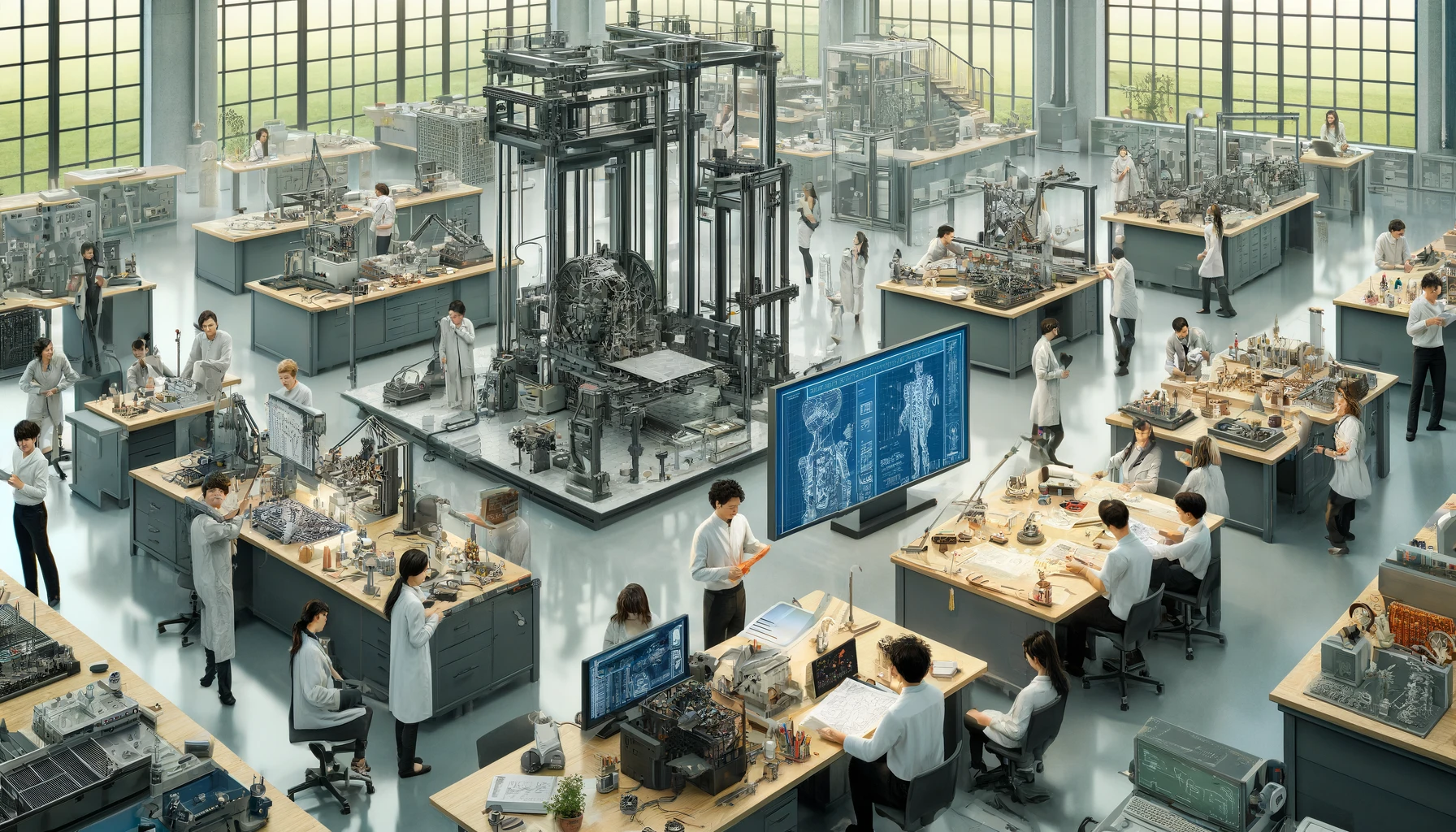 An advanced engineering research scene at Chiba University in Japan. The image depicts a high-tech laboratory setting with diverse groups of Asian students working on sophisticated projects. Features include students using large 3D printers, robotic arms, and other cutting-edge technology. The lab is filled with equipment like computers, engineering tools, and experiment setups. Some students are discussing over blueprints and computer screens, showcasing a collaborative and innovative environment. The background shows large windows overlooking a green campus, suggesting a blend of nature and technology.