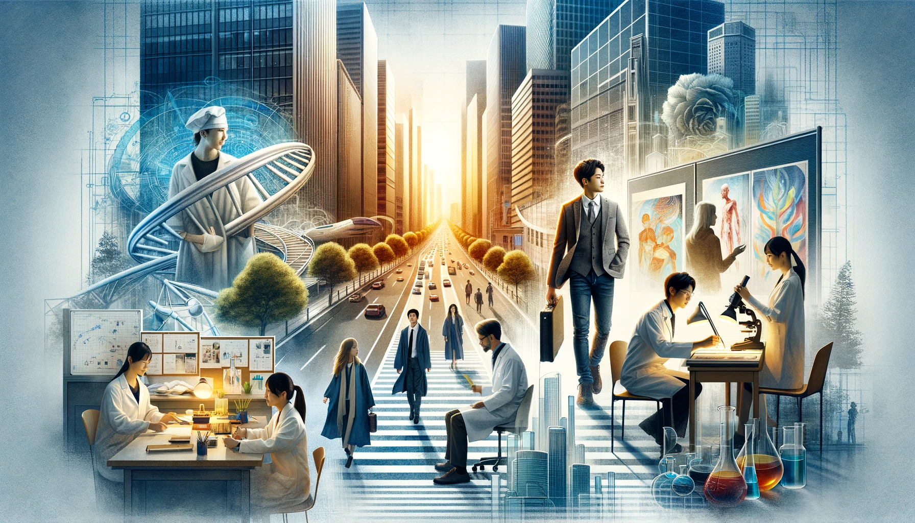 A conceptual image showcasing the diverse future pathways of graduates from Meiji High School in Japan. The scene includes a collage of students in various settings: one dressed in a business suit walking in a bustling cityscape, another in a lab coat working in a modern laboratory, and another in artist's attire in a bright, creative studio. Each segment represents different career paths such as business, science, and arts. The background features elements of the school's architecture, subtly blending into each professional environment, symbolizing the school's role in their successful futures.
