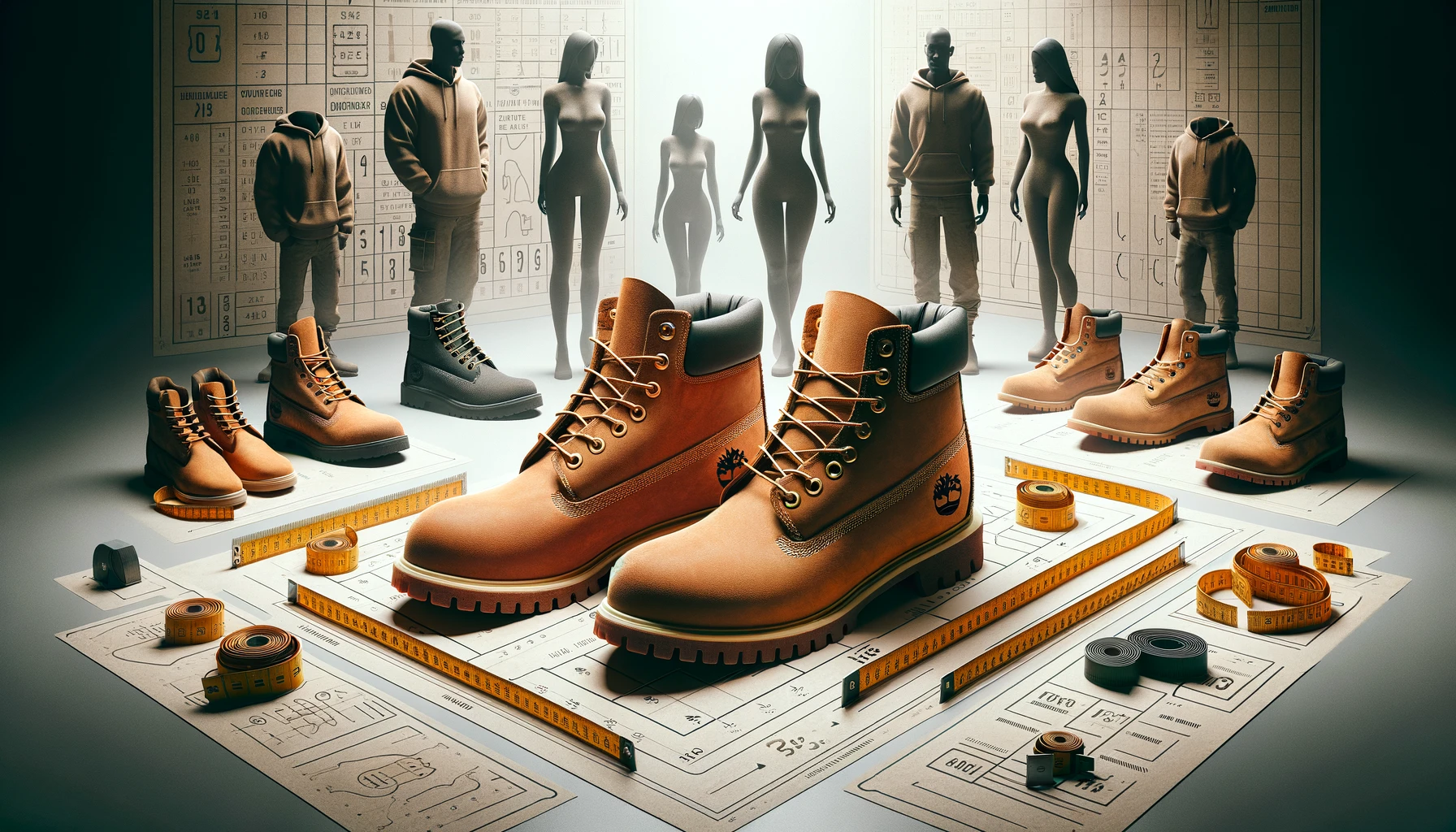 An image representing a size guide for Timberland boots, differentiated by gender. The scene displays a pair of men's Timberland boots and a pair of women's Timberland boots side by side, with a clear indication of their sizes. Around the boots, visual elements such as a measuring tape, size charts, or numerical indicators provide a comprehensive view of the size differences and options available for both genders. The composition is designed to be informative, with a focus on clarity and the iconic style of the boots. The background is minimalistic, ensuring that the attention is on the boots and the size information.