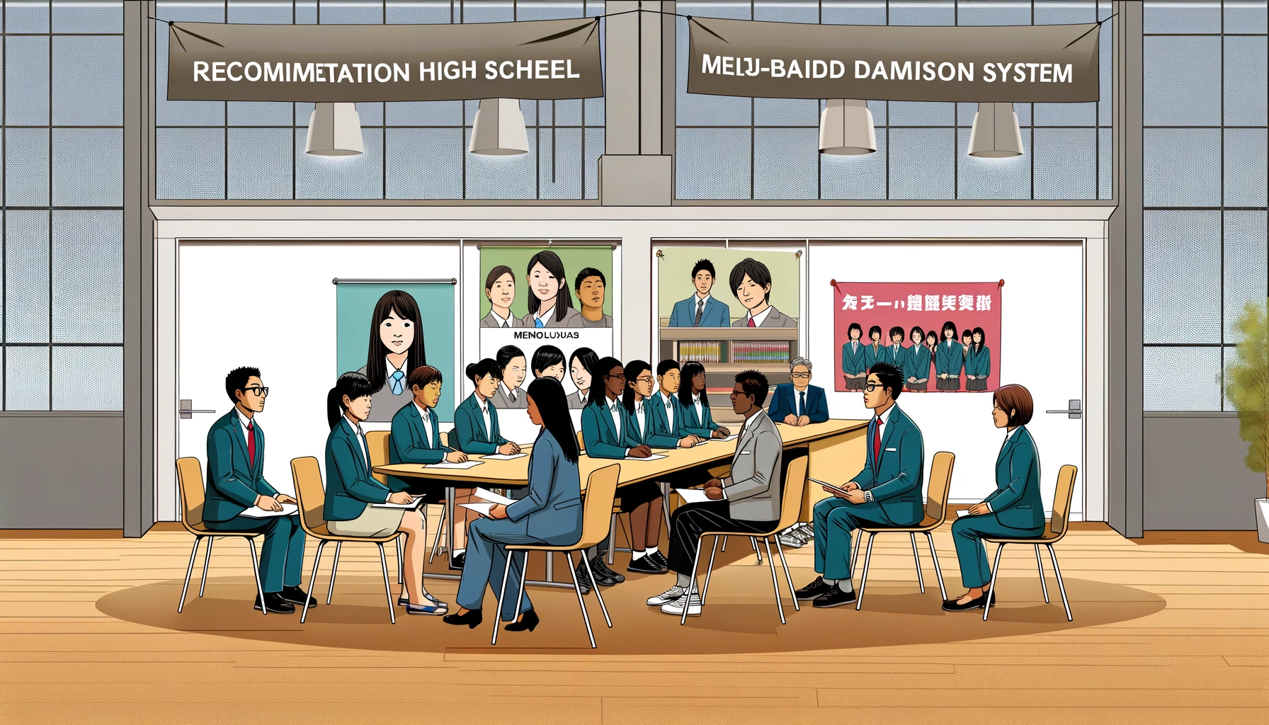 An illustrative scene depicting the recommendation-based admission system at Meiji High School in Japan. The image features a group of prospective students, diverse in appearance, sitting in a modern classroom setting, engaged in an interview process. There are school officials, also diverse, evaluating the students who are presenting their portfolios and achievements. The atmosphere is professional yet welcoming, with banners of the school showcasing its values and achievements hanging in the background. The room is well-lit and decorated with elements that reflect the school's commitment to fostering talent and excellence.