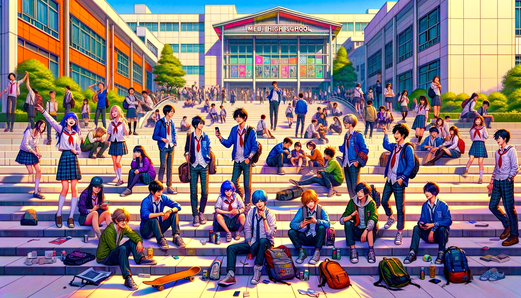 A lively high school campus scene depicting the vibrant student culture at Meiji High School in Japan, often described as spirited and carefree. The image features students in casual, fashionable outfits instead of traditional uniforms, hanging out in groups, laughing, and taking selfies. Some students are listening to music, others are skateboarding or playing casual sports on the school grounds. The setting is informal with students lounging on steps and under trees, embodying a relaxed and youthful vibe. The architecture of the school includes modern, colorful elements, enhancing the playful atmosphere.