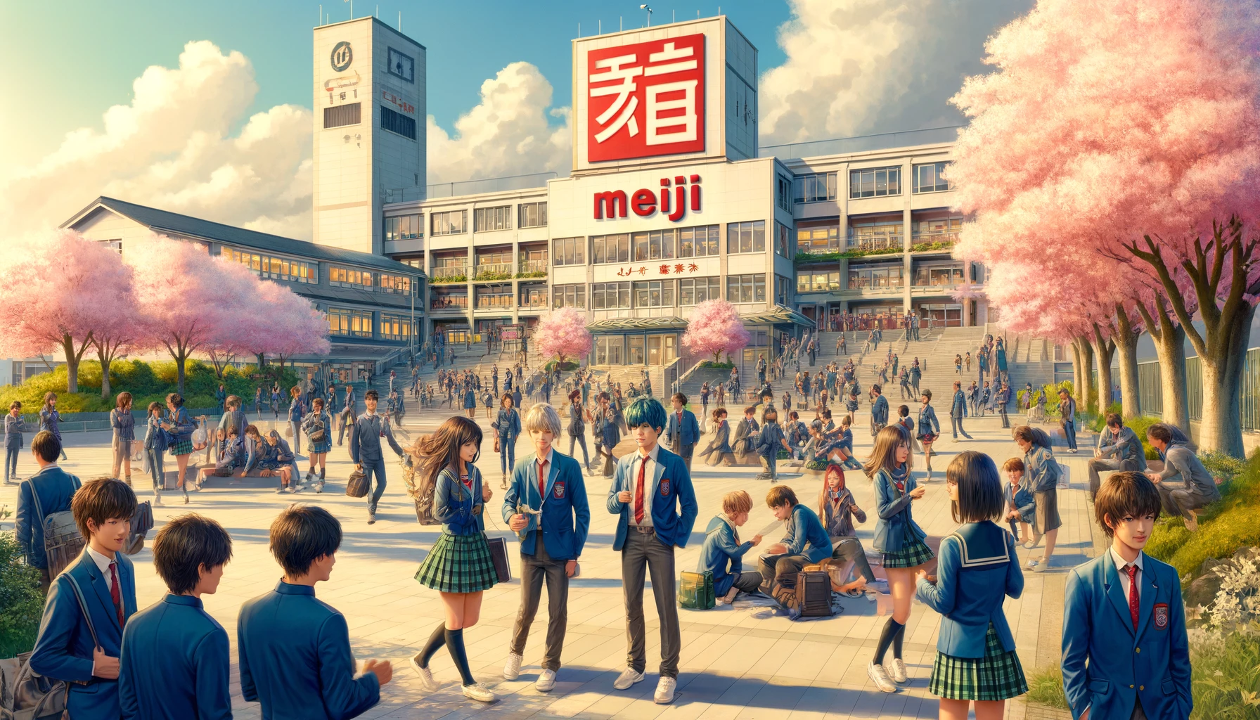 A lively high school campus scene illustrating the popularity of Meiji High School in Japan, with the word 'Meiji' prominently displayed in both Japanese and English in the sky. The image features a diverse group of students of various Asian descents, in school uniforms, engaged in various activities. Students are seen chatting, studying, and participating in sports on a well-maintained campus with modern and traditional architectural elements. There are cherry trees in bloom, adding a picturesque quality to the setting. The atmosphere is vibrant and energetic, capturing the essence of a bustling and popular educational institution.