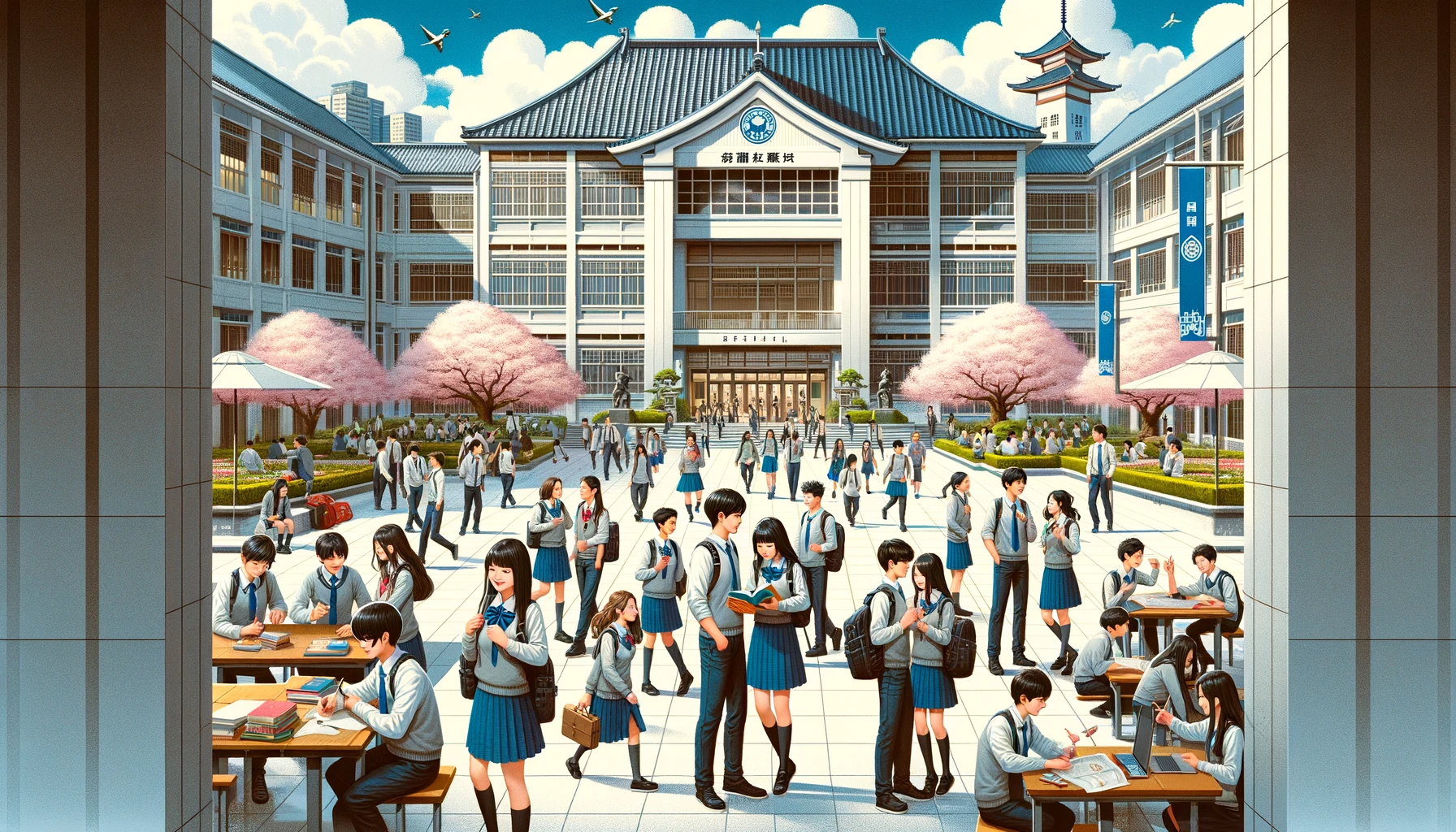 A lively high school campus scene illustrating the popularity of Meiji High School in Japan. The image features a diverse group of students of various Asian descents, in school uniforms, engaged in various activities. Students are seen chatting, studying, and participating in sports on a well-maintained campus with modern and traditional architectural elements. There are cherry trees in bloom, adding a picturesque quality to the setting. The atmosphere is vibrant and energetic, capturing the essence of a bustling and popular educational institution.