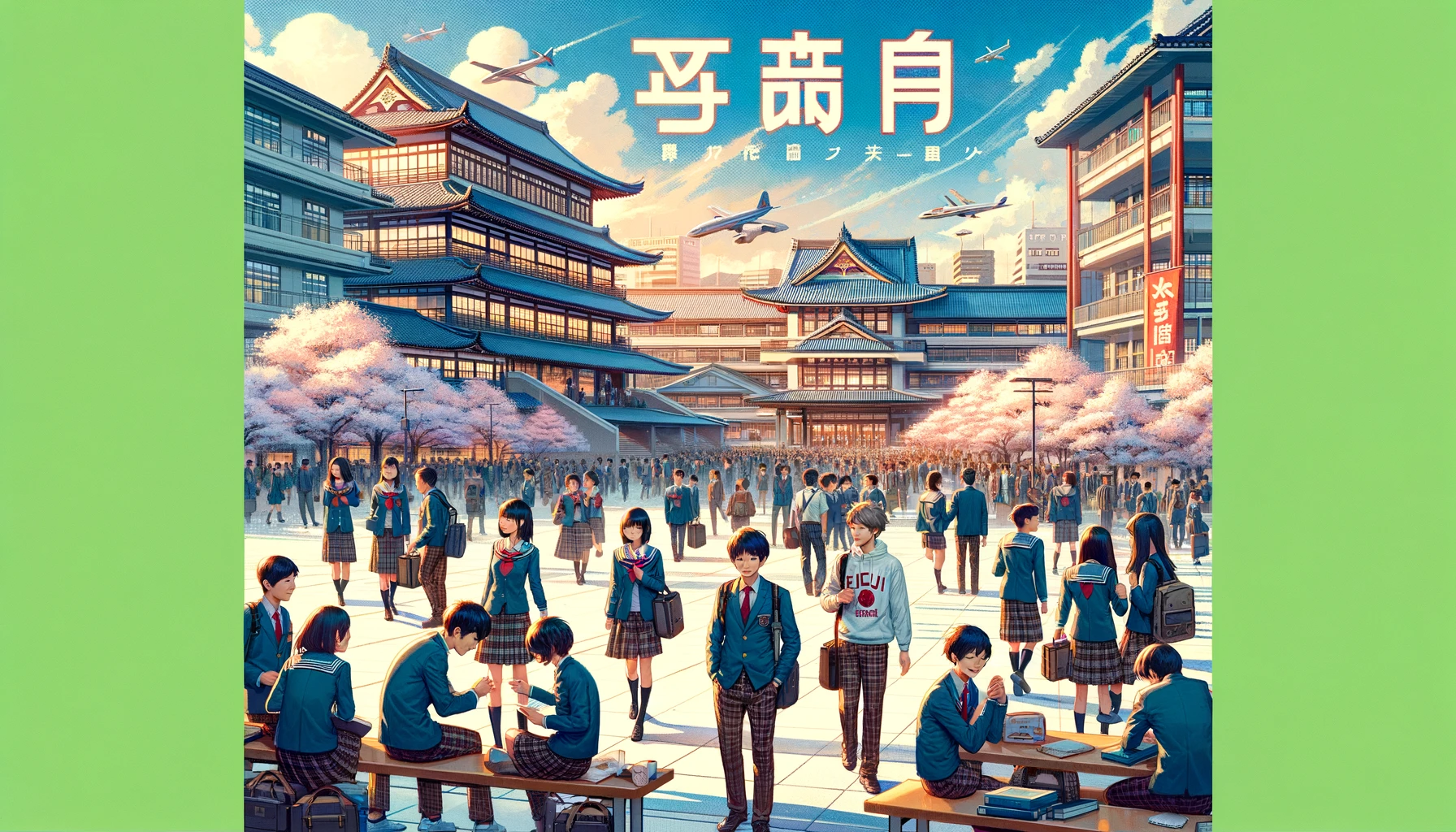 A lively high school campus scene illustrating the popularity of Meiji High School in Japan, with the word 'Meiji' prominently displayed in the sky. The image features a diverse group of students of various Asian descents, in school uniforms, engaged in various activities. Students are seen chatting, studying, and participating in sports on a well-maintained campus with modern and traditional architectural elements. There are cherry trees in bloom, adding a picturesque quality to the setting. The atmosphere is vibrant and energetic, capturing the essence of a bustling and popular educational institution.