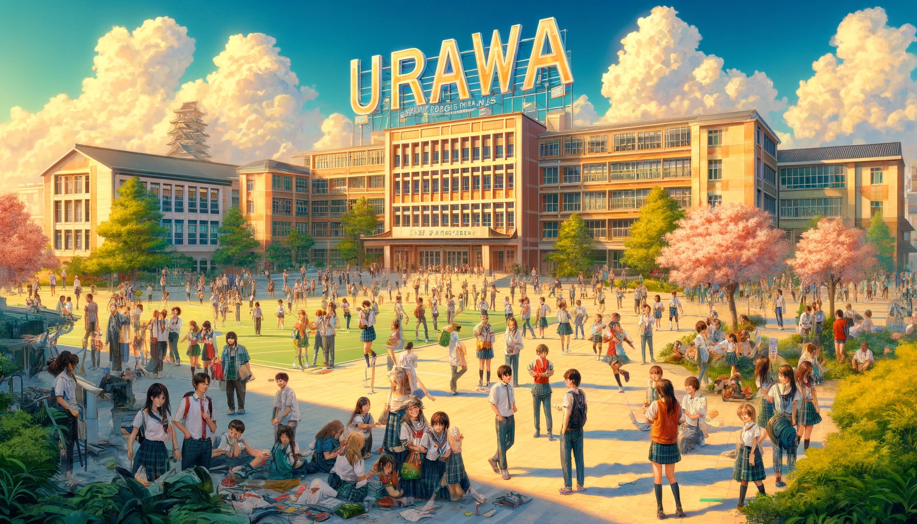 A vibrant high school campus scene showing the popularity of Urawai High School in Japan, with the word 'Urawa' prominently displayed in the sky. The image features a diverse group of students of various Asian descents, wearing colorful school uniforms, engaged in various outdoor activities. Students are depicted socializing, studying, and participating in sports on a spacious campus with a mix of modern and traditional architectural styles. The campus is lush with greenery and cherry trees in bloom, adding to the lively atmosphere. The scene is bustling, portraying a well-liked and active school environment.