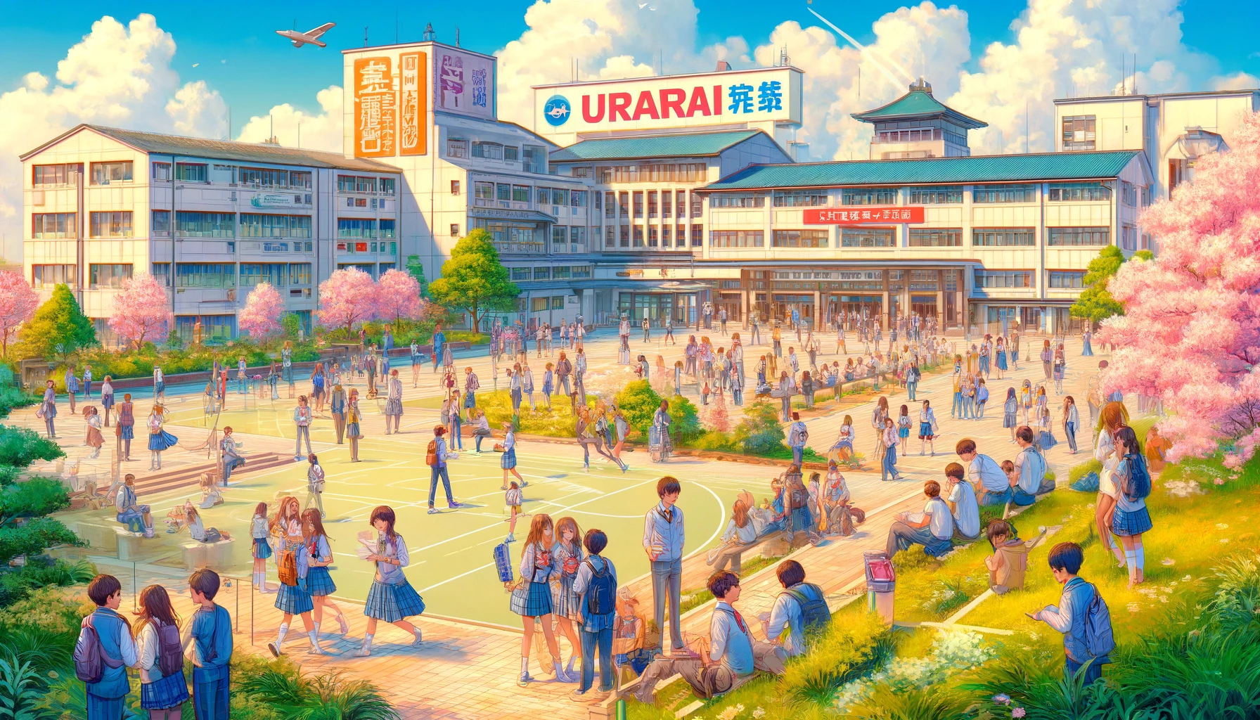 A vibrant high school campus scene showing the popularity of Urawai High School in Japan, with the word 'Urawa' prominently displayed in the sky. The image features a diverse group of students of various Asian descents, wearing colorful school uniforms, engaged in various outdoor activities. Students are depicted socializing, studying, and participating in sports on a spacious campus with a mix of modern and traditional architectural styles. The campus is lush with greenery and cherry trees in bloom, adding to the lively atmosphere. The scene is bustling, portraying a well-liked and active school environment.