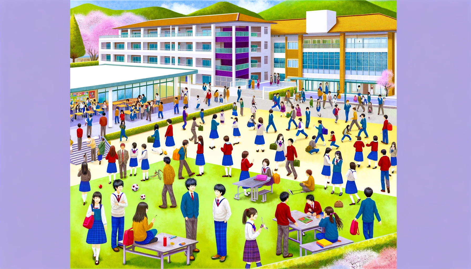 A vibrant high school campus scene showing the popularity of Urawai High School in Japan. The image features a diverse group of students of various Asian descents, wearing colorful school uniforms, engaged in various outdoor activities. Students are depicted socializing, studying, and participating in sports on a spacious campus with a mix of modern and traditional architectural styles. The campus is lush with greenery and cherry trees in bloom, adding to the lively atmosphere. The scene is bustling, portraying a well-liked and active school environment.