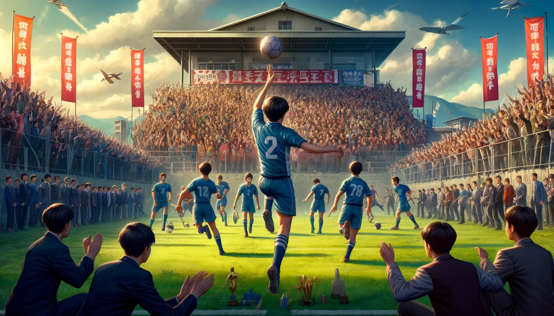A dynamic scene at Urawai High School in Japan, celebrating its soccer team's frequent championship victories. The image shows the team in action on a well-maintained soccer field, surrounded by enthusiastic spectators in the stands. The players are in vibrant uniforms, executing skilled maneuvers with a soccer ball. The background features banners and trophies symbolizing their repeated successes. The atmosphere is electrifying, with students, teachers, and fans cheering, some waving flags or school banners, all under a clear blue sky. This captures the spirit and pride of a consistently winning soccer program at the school.