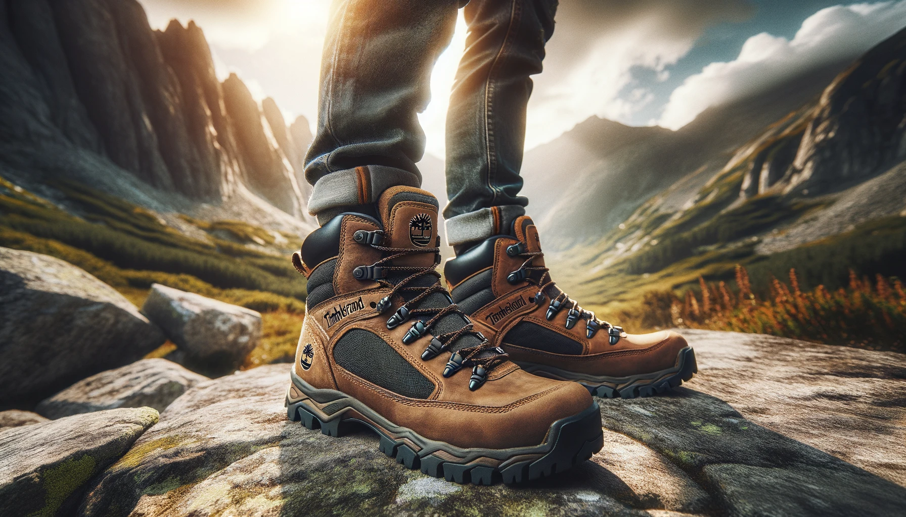An image showcasing Timberland hiking boots, highlighting their durability and suitability for outdoor adventures. The scene captures the boots in a rugged outdoor setting, possibly on a rocky trail or amidst mountainous terrain, emphasizing their robust design and the technology that makes them ideal for hiking. The boots are prominently displayed, with attention to their distinctive features such as waterproof materials, strong grip soles, and comfortable fit. The background enhances the adventurous spirit of the boots, inviting viewers to imagine the journeys they could undertake with such reliable footwear.