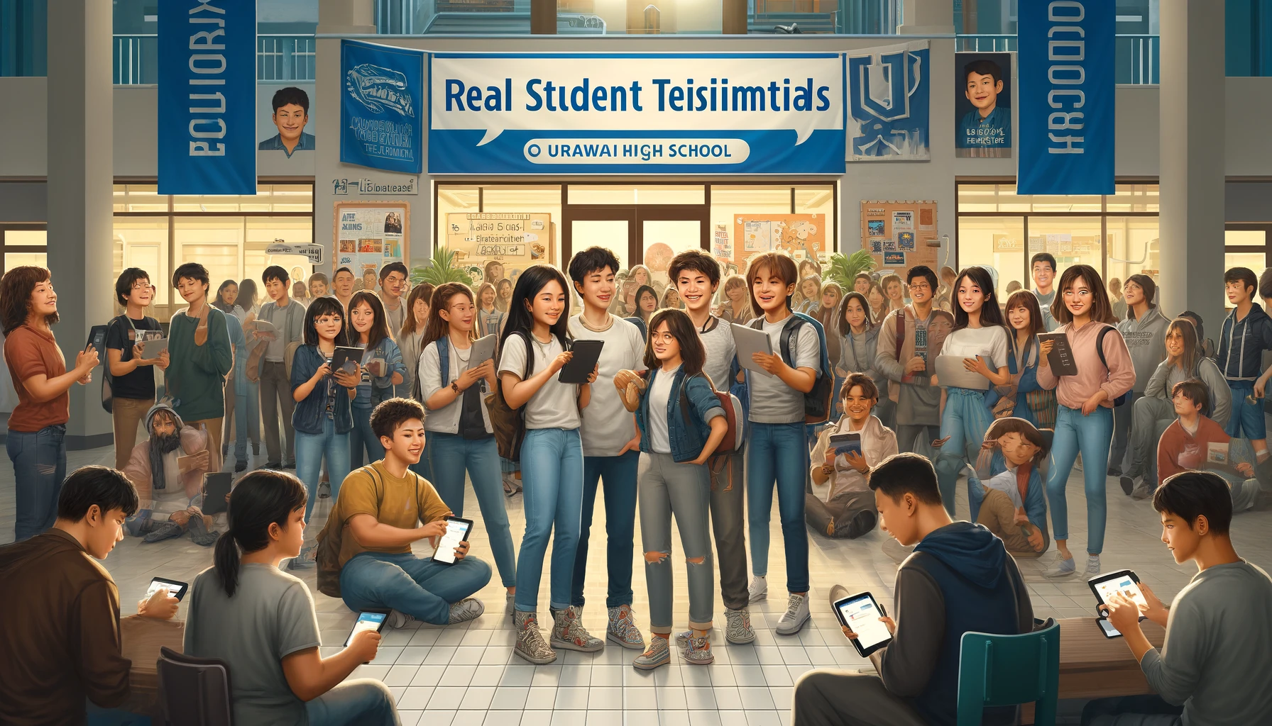 A lively scene at Urawai High School, capturing real student testimonials about their experiences. The image depicts a diverse group of students from various Asian descents gathered in a modern school setting, holding digital tablets and smartphones displaying their reviews. Some students are chatting animatedly, others are typing on their devices. The background features school banners and a bulletin board filled with student activities and accolades. The atmosphere is casual and vibrant, reflecting a community engaged and connected through their shared experiences at the school.