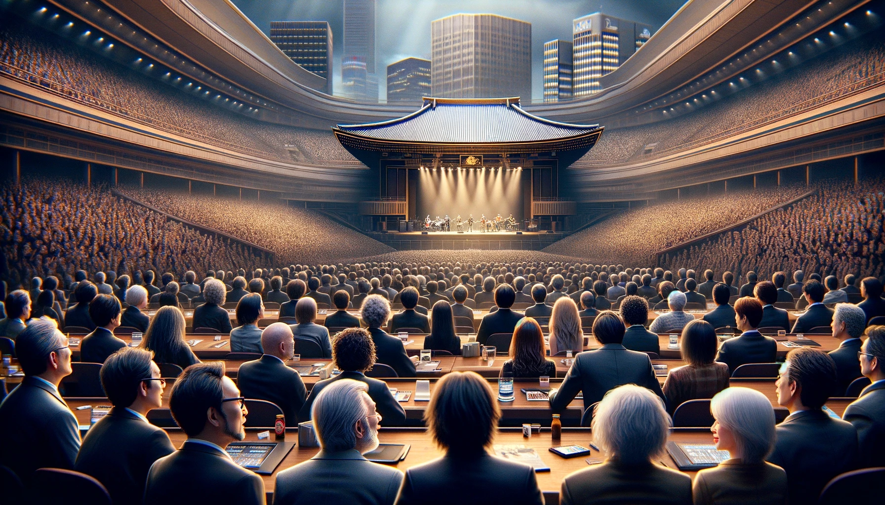 A powerful image illustrating the significance of a live concert at the Budokan arena in Tokyo, Japan within the music industry. The scene shows a variety of influential figures from the music industry, including producers, executives, and artists, all gathered in the audience, attentively watching a performance on stage. The focus is on their expressions of admiration and engagement, emphasizing the importance of this venue as a milestone for any musician's career. The iconic Budokan architecture is visible in the background, symbolizing prestige and success in the music world, depicted in a wide 16:9 format.