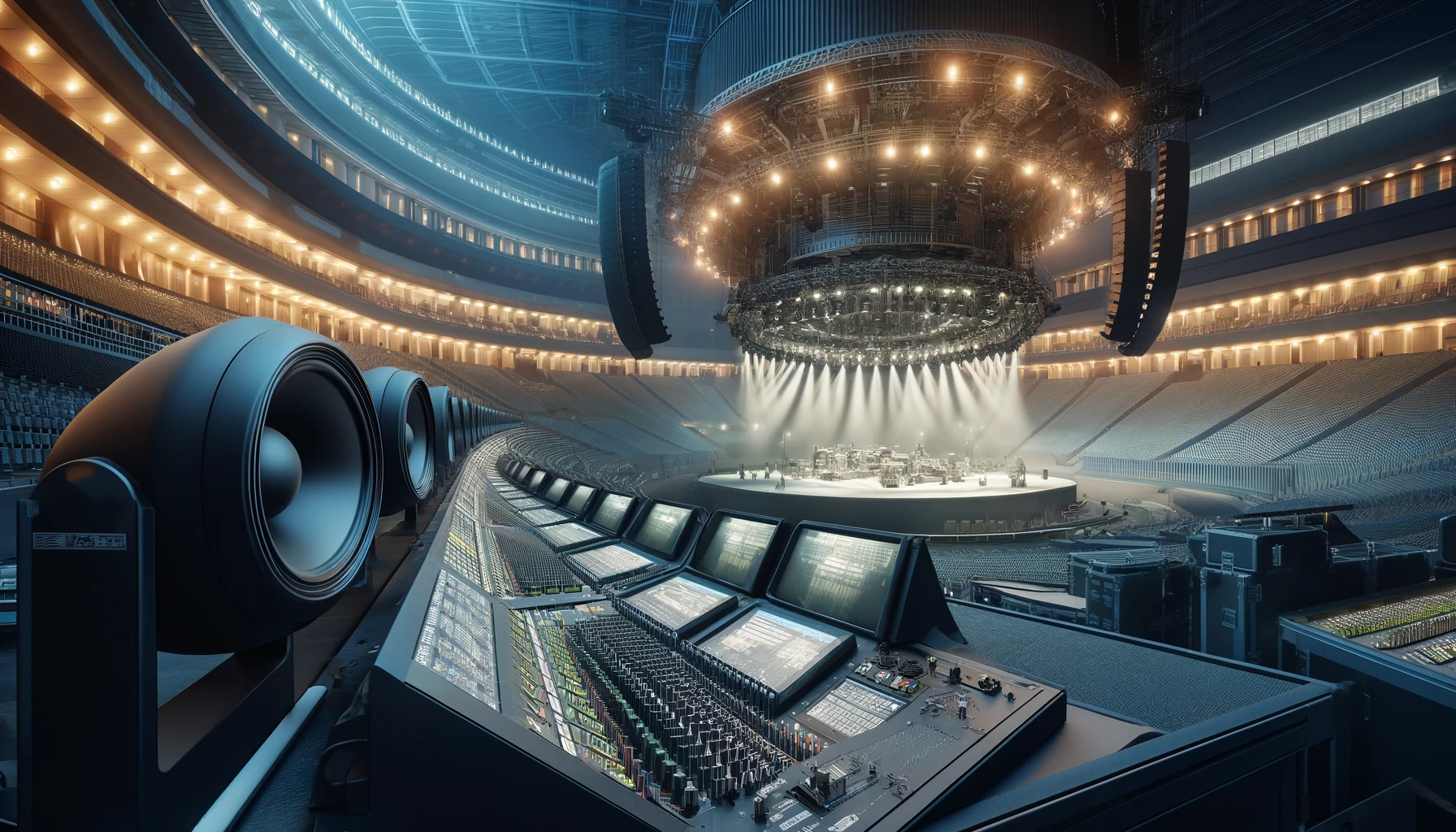 A detailed image showcasing the sophisticated live concert equipment at the Budokan arena in Tokyo, Japan. The focus is on the advanced sound and lighting systems, including large speakers, intricate lighting rigs, and state-of-the-art mixing consoles. The arena's unique acoustic design is highlighted, showing how it enhances the sound quality for performances. The background captures the iconic circular structure of the Budokan, filled with technical equipment and a few technicians adjusting the settings. This scene illustrates the technological excellence of the venue, depicted in a wide 16:9 format.