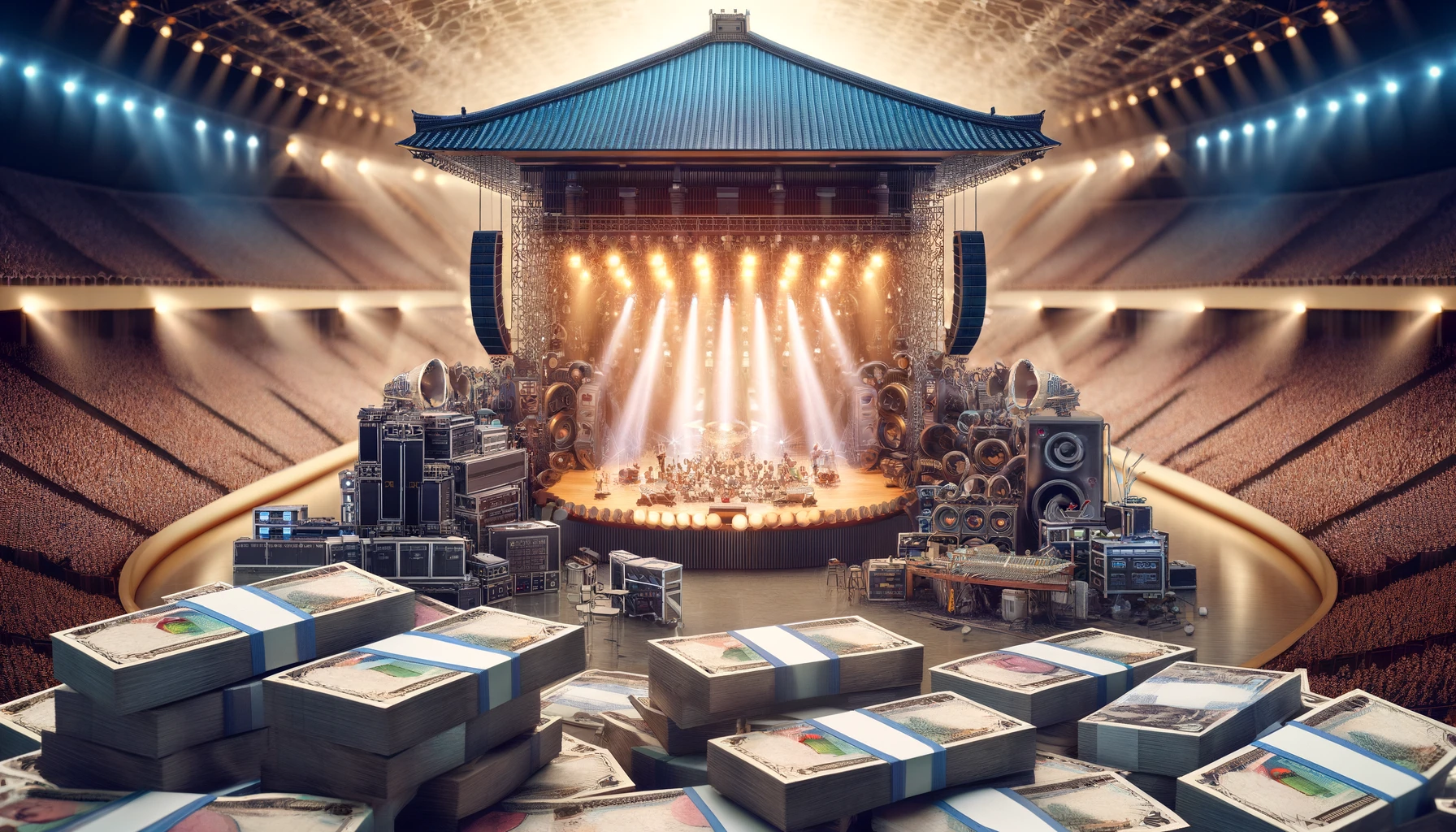 A conceptual image illustrating the high costs and value of hosting a live concert at the Budokan arena in Tokyo, Japan. The image shows a detailed, artistic juxtaposition of large stacks of Japanese yen notes and expensive concert equipment like lighting rigs, sound systems, and musical instruments on the stage. The background features the iconic Budokan arena, filled with an eager audience. The overall scene conveys the magnitude of investment and the electric atmosphere of a high-stakes concert, depicted in a wide 16:9 format.