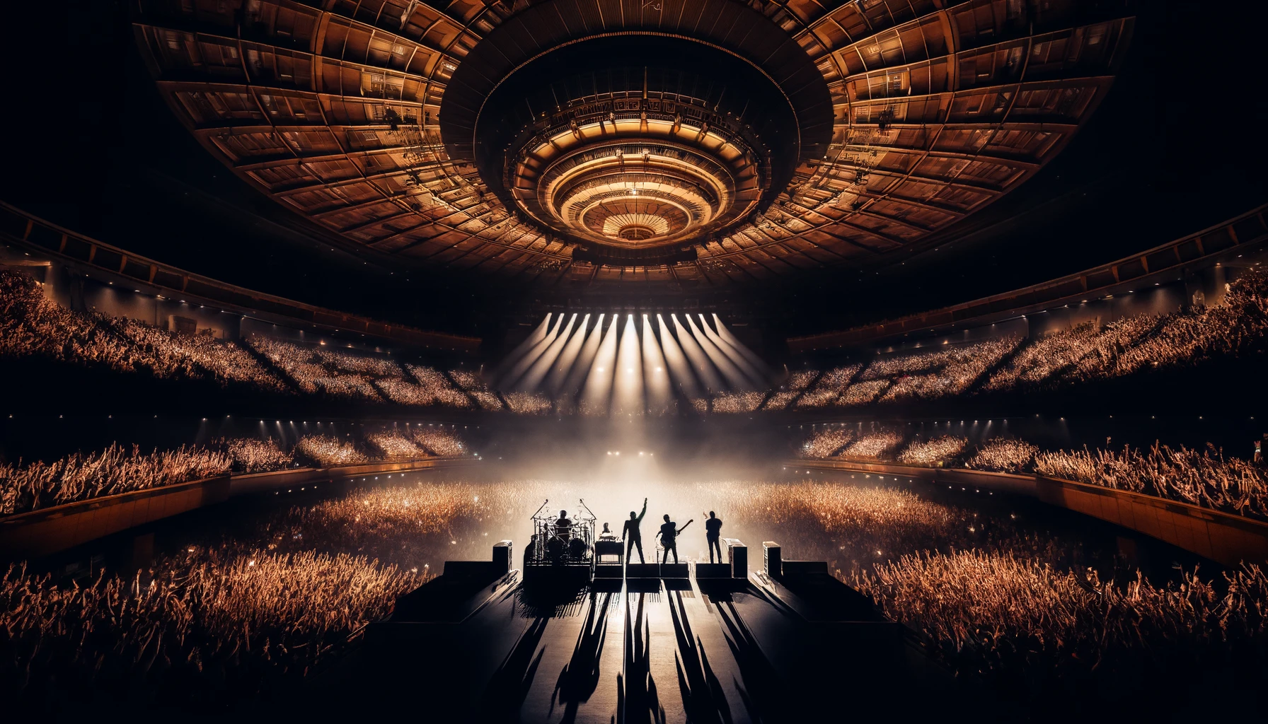An inspiring image of a live concert at the Budokan arena in Tokyo, Japan, emphasizing the grandeur and prestige of the venue. The perspective is from the back of the stage, looking out over a massive crowd that fills the iconic circular arena. The band on stage is seen in silhouette, with their arms raised in victory, creating a powerful and iconic moment. The audience, lit by a sea of light sticks, is cheering wildly, underscoring the significance of performing at such a renowned venue. The stage lighting casts dramatic shadows and highlights the architectural details of the Budokan, depicted in a wide 16:9 format.