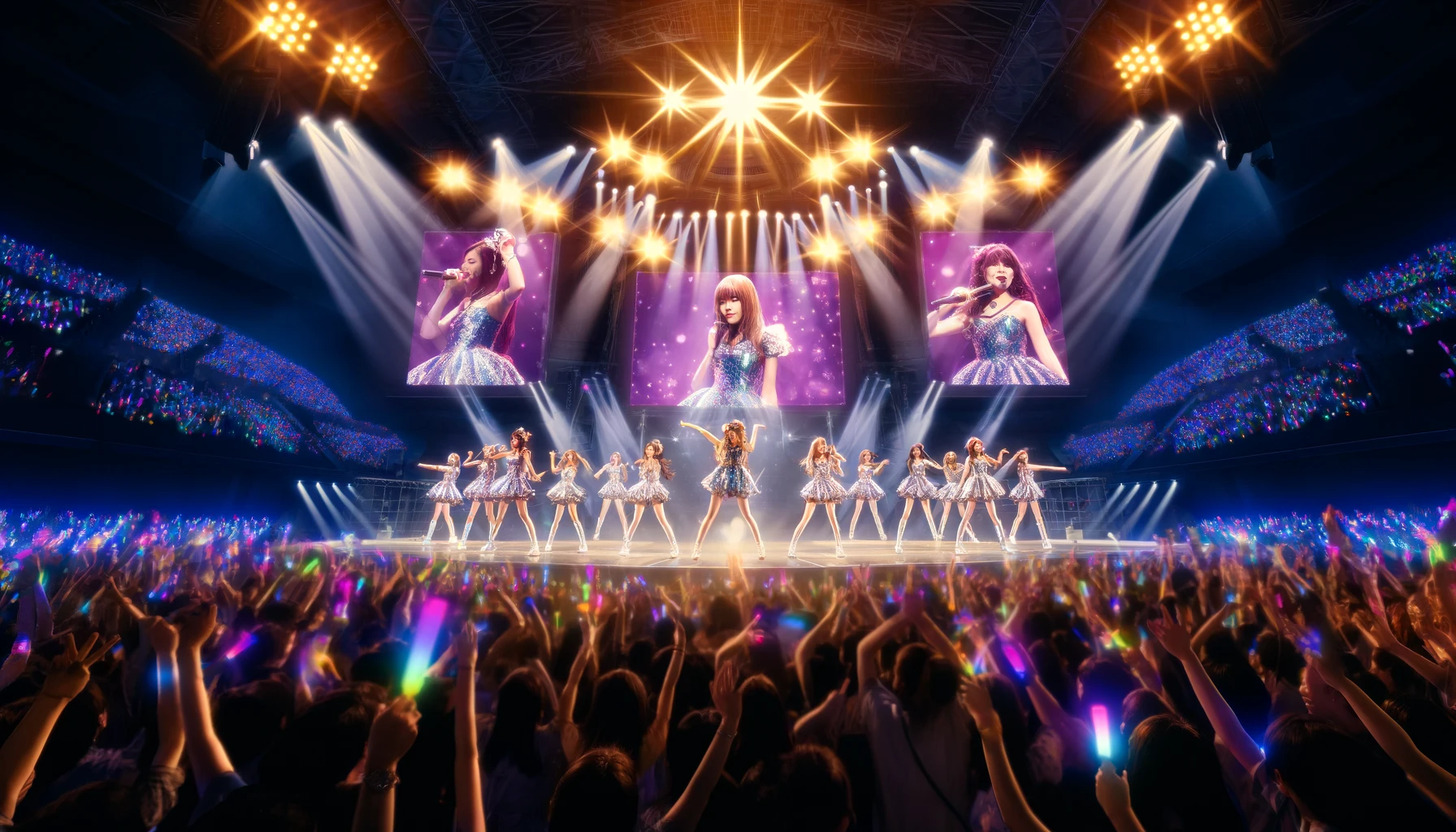 A lively idol concert at the Budokan arena in Tokyo, Japan, featuring a popular female idol group performing. The stage is spectacularly lit with vibrant LED screens, colorful spotlights, and dynamic laser effects. The idol group consists of several young women, dressed in sparkling, coordinated outfits, performing energetic dance routines. The audience, a mix of enthusiastic fans, is waving glow sticks and singing along. The atmosphere is electric with excitement, capturing the special essence of a live idol concert. The image is in a wide 16:9 format.