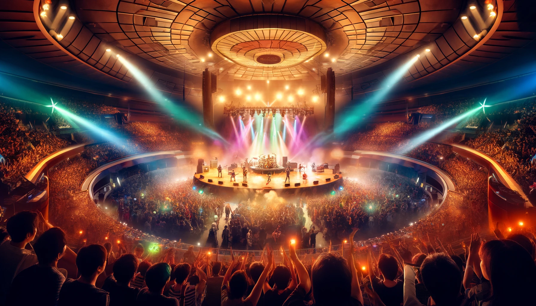 A vibrant live concert scene inside the famous Budokan arena in Tokyo, Japan, depicting a large enthusiastic crowd and a band performing on stage. The stage is illuminated with bright lights, colorful lasers, and smoke effects. The audience is diverse, with people of different ages and backgrounds, waving light sticks and cheering. The setting shows the iconic circular interior of the Budokan, filled with energy and excitement. The image is in a wide 16:9 format.