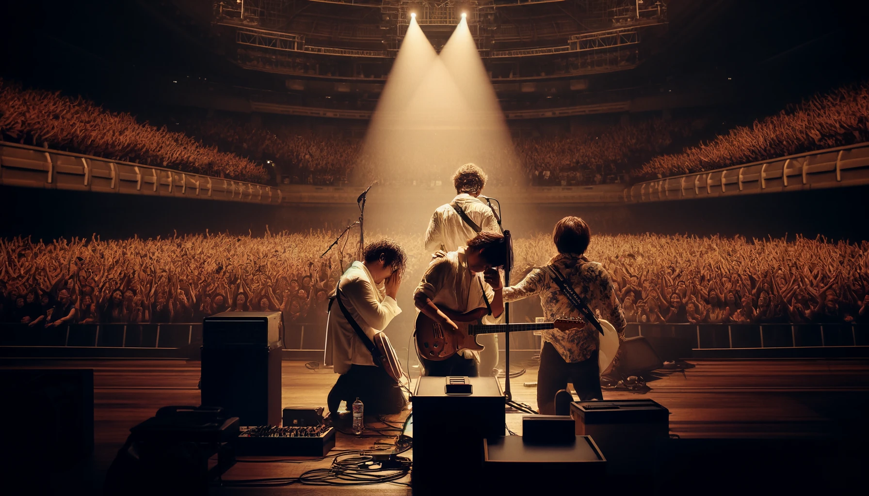 An emotional moment at a live concert in the Budokan arena in Tokyo, Japan, capturing the feeling of a long-awaited dream realized. The image shows the band members on stage, overwhelmed with emotion, as one of them wipes tears from their eyes while the others embrace or raise their hands in triumph. The crowd is visibly moved, some fans are also crying, while others cheer passionately. The stage is bathed in warm, ambient lighting that highlights the poignant atmosphere. The setting reflects a significant milestone for the performers, depicted in a wide 16:9 format.