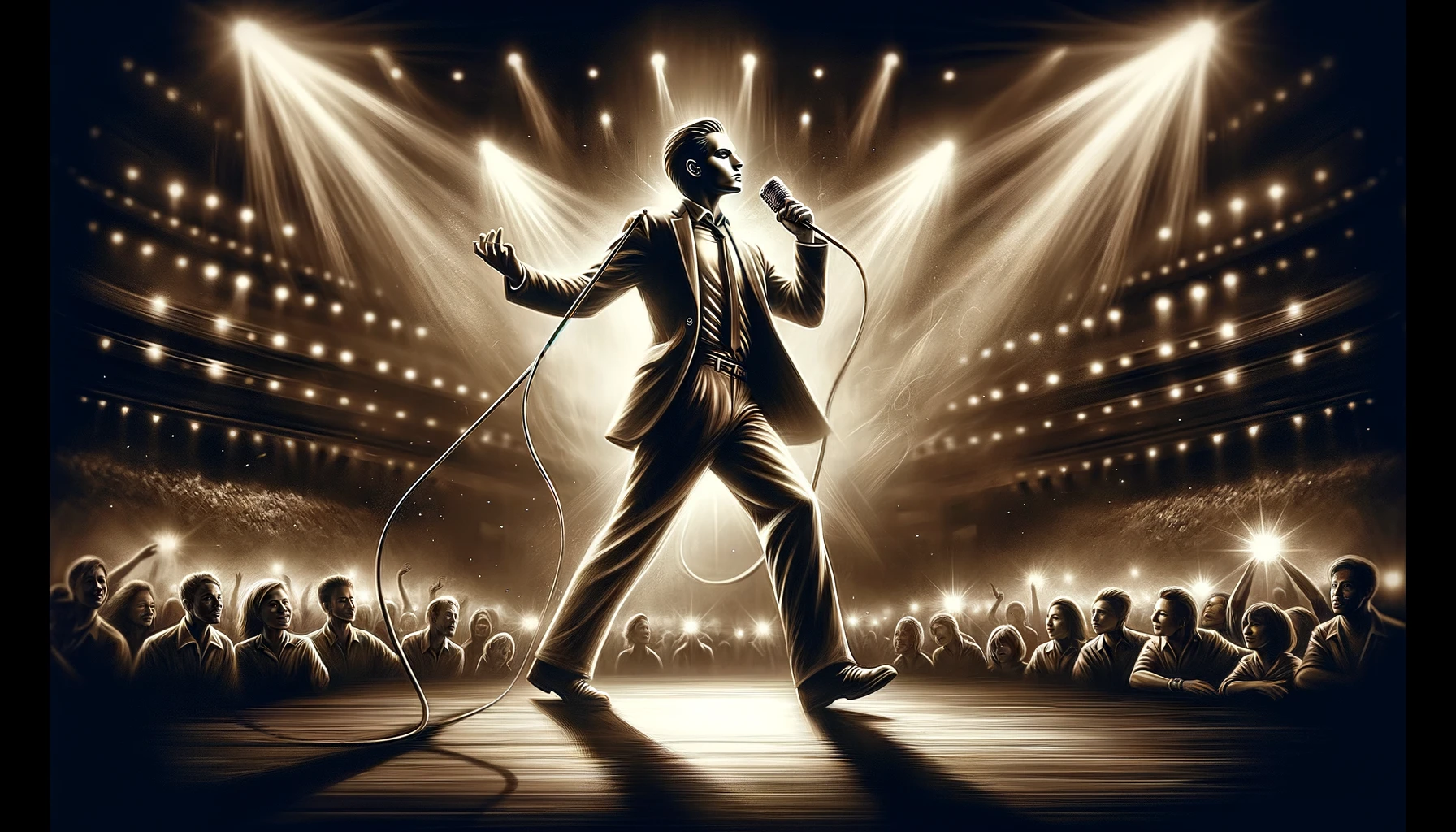 An evocative image portraying the qualities of an artist who has passed the rigorous selection to perform at the Budokan arena in Tokyo, Japan. The artist is depicted on stage, confident and poised, engaging deeply with the audience. This individual exudes charisma, skill, and passion, shown in the midst of an emotional performance with a dynamic backdrop of intense stage lighting and a captivated crowd. The scene emphasizes the artist's exceptional talent and the high standards required to perform at such a prestigious venue, in a wide 16:9 format.