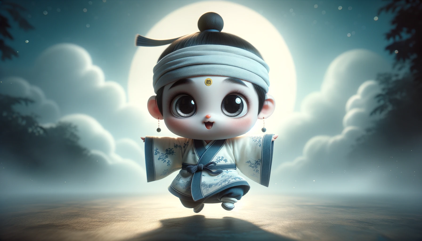 A cute baby Jiangshi (Chinese hopping vampire) in a playful and whimsical style. The baby Jiangshi has large, expressive eyes and a traditional blue and white Qing dynasty robe. It wears a small, rounded black hat and has a yellow paper talisman stuck to its forehead. The background is a serene, moonlit night with soft, muted tones of blues and greys, creating a gentle and enchanting atmosphere. The image should be wide, capturing the baby Jiangshi mid-hop, looking joyful and innocent.