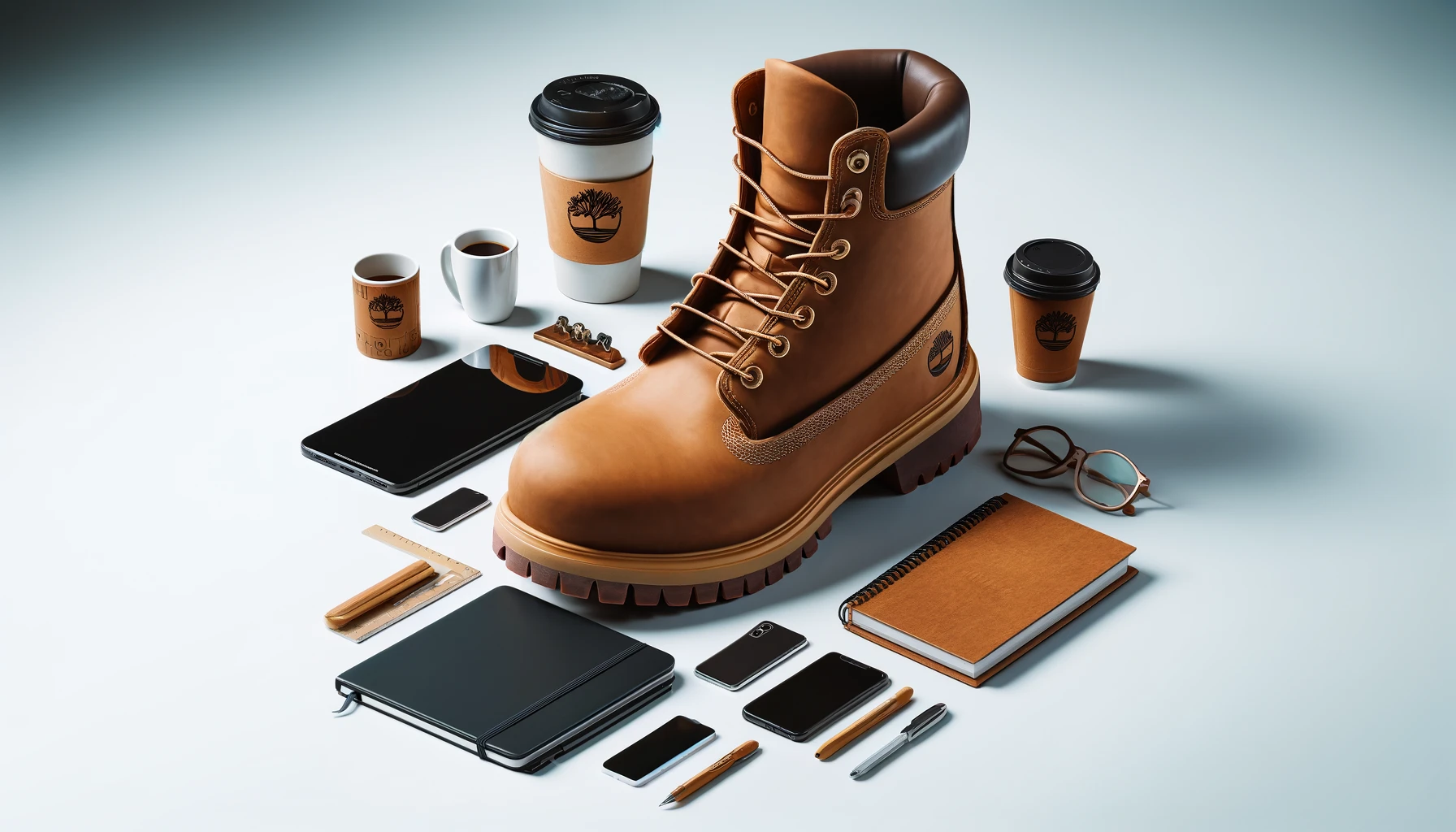 An image that illustrates the size of Timberland boots in a clear and detailed manner. The scene includes a pair of Timberland boots placed next to common objects for scale, such as a coffee cup, a notebook, or a smartphone, to give a sense of their actual size. The boots are highlighted in the composition, showing their iconic design and sturdy build. The background is simple and unobtrusive, ensuring that the focus remains on the boots and the objects used for scale comparison.