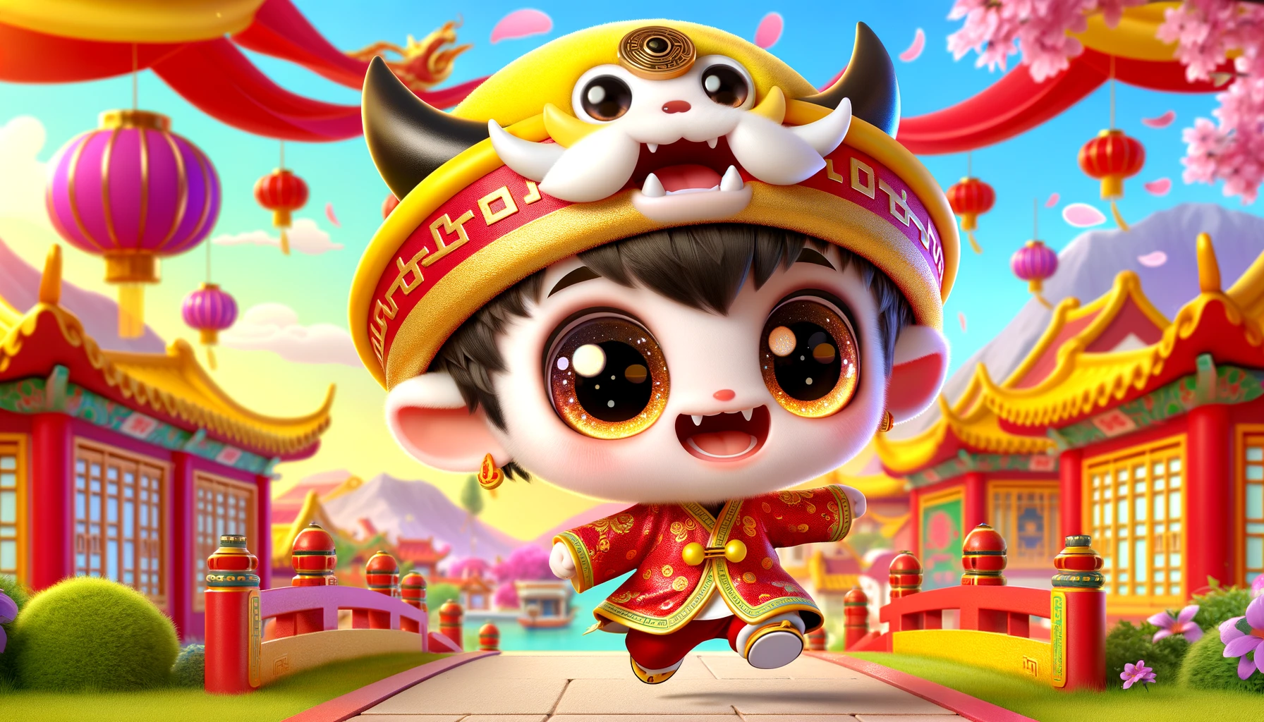 A charming and adorable baby Jiangshi in a cartoonish and colorful style. This baby Jiangshi features big, sparkly eyes and a cheerful expression. It is dressed in a vibrant red and gold Qing dynasty-inspired outfit, complete with a playful, oversized yellow hat. Its small fangs are barely visible, adding to its cuteness. The background is a bright and colorful Chinese village scene during the day, with traditional architecture and festive decorations. The baby Jiangshi is playfully leaping with a joyful expression, in a wide, dynamic pose.