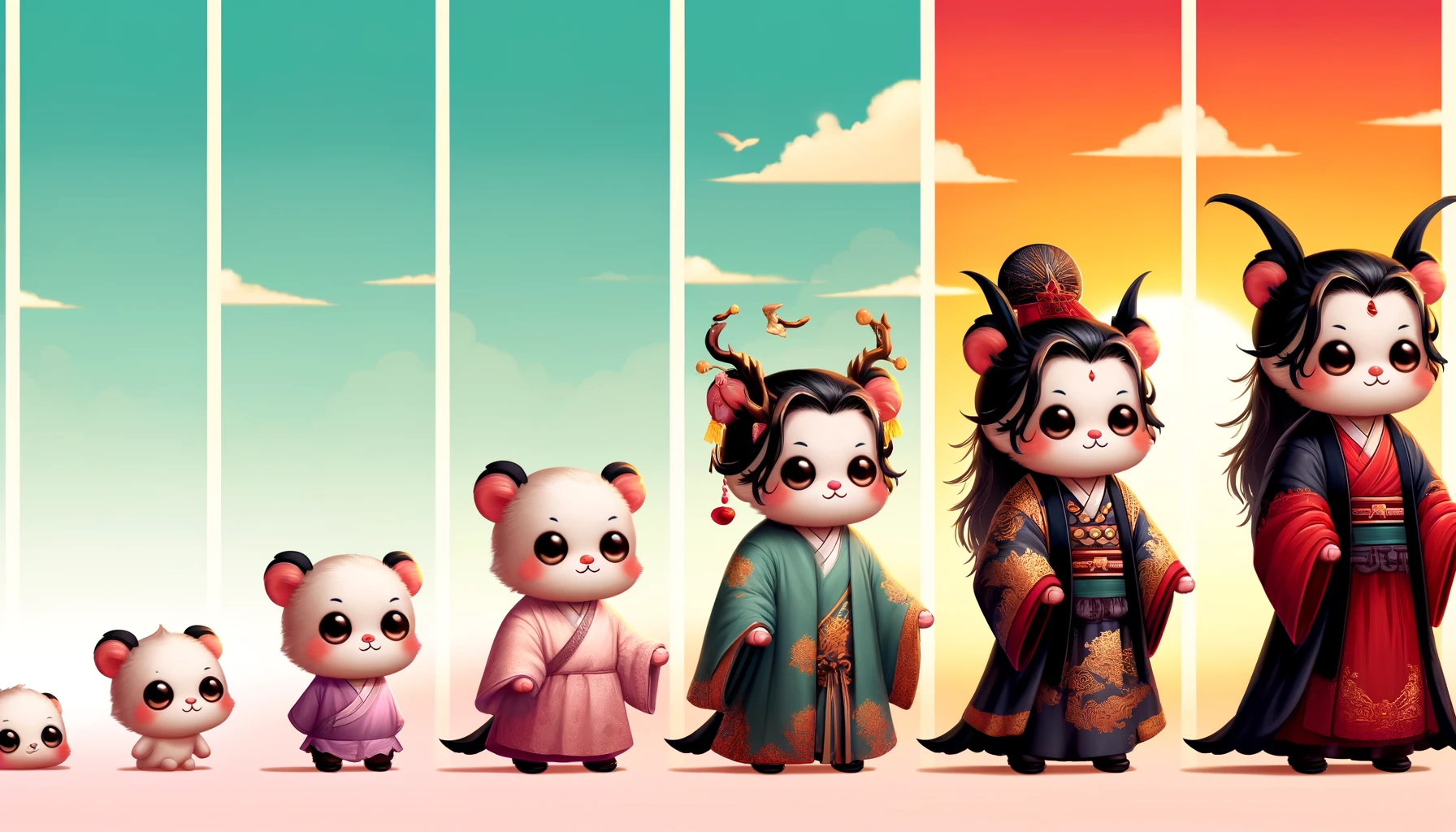 A creative depiction of the evolution of a cute baby Jiangshi through three stages, arranged in a single wide image. The first stage shows the baby Jiangshi as tiny and adorable with a playful expression, dressed in a miniature traditional robe. The second stage depicts it slightly older, more confident, and wearing a more ornate robe with intricate designs. The final stage presents the baby Jiangshi as a young adult, powerful and majestic, with a regal robe and an imposing stance. The background transitions from a soft, pastel morning landscape to a vivid, sunset evening scene, symbolizing growth and progression.