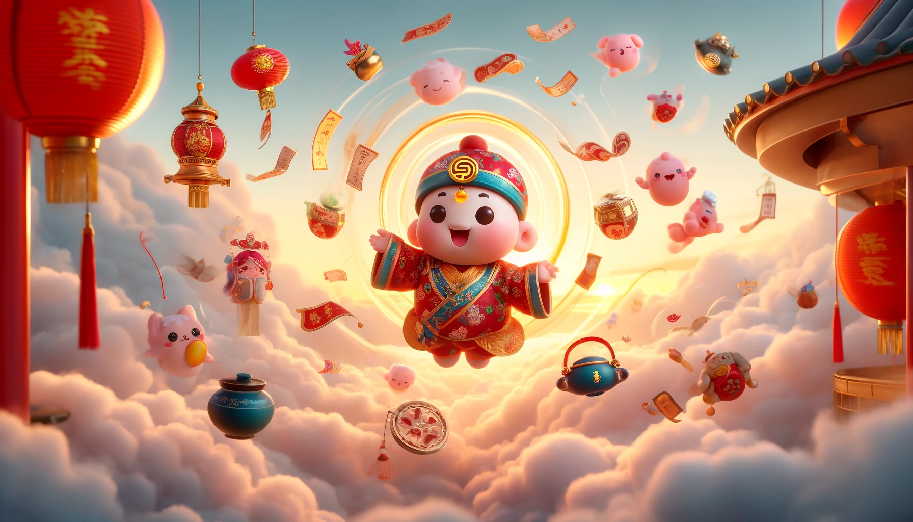 A whimsical scene featuring a cute baby Jiangshi levitating and using telekinesis. The baby Jiangshi, with a joyful expression, is floating in the air amidst fluffy clouds, surrounded by a swirl of colorful traditional Chinese items like lanterns, scrolls, and teapots, all floating around as if moved by its powers. The baby Jiangshi wears a vibrant red and gold robe, and its yellow talisman flutters slightly from its forehead. The background is a serene sky during sunset, casting a warm glow over the entire whimsical scene. This image is captured in a wide format, emphasizing the magical and buoyant atmosphere.