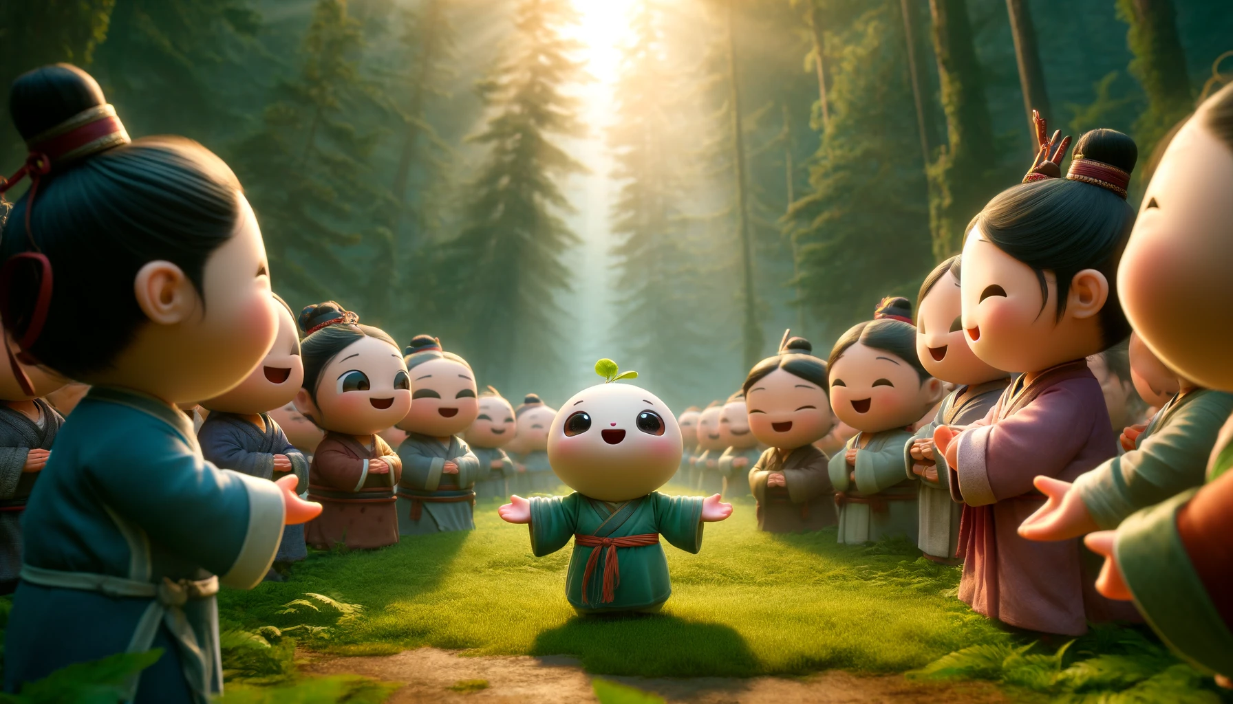A heartwarming scene of a cute baby Jiangshi finally finding its family. The baby Jiangshi, with a look of happiness and relief, is surrounded by other Jiangshis of various sizes, representing its family members, all dressed in traditional Chinese attire. The family is gathered in a lush, green forest clearing under a setting sun, which casts a golden light over the scene. The other Jiangshis show expressions of joy and welcome, with open arms and warm smiles. This wide image captures the emotional reunion and the beauty of the forest environment.