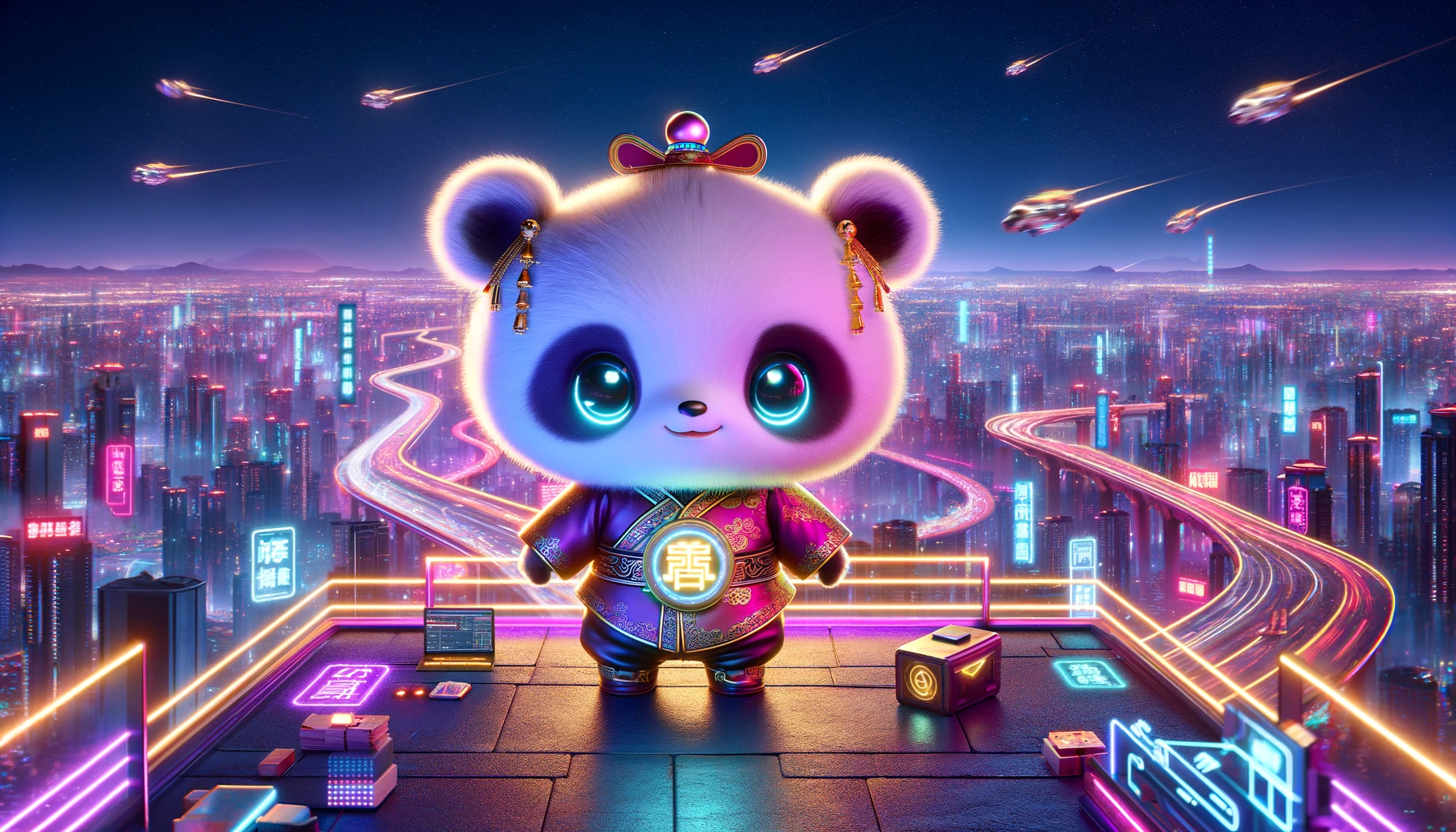 A futuristic and imaginative scene depicting the future of a cute baby Jiangshi. The baby Jiangshi is shown as a young adult, wearing a high-tech version of traditional Chinese attire, infused with neon lights and futuristic elements. It stands confidently on a rooftop overlooking a sprawling neon-lit cityscape at night, with flying vehicles zooming past. The Jiangshi's eyes glow softly, and it holds a digital version of the traditional yellow talisman, which now acts as a holographic interface. This wide image captures a blend of ancient tradition and modern technology, showcasing a visionary future.