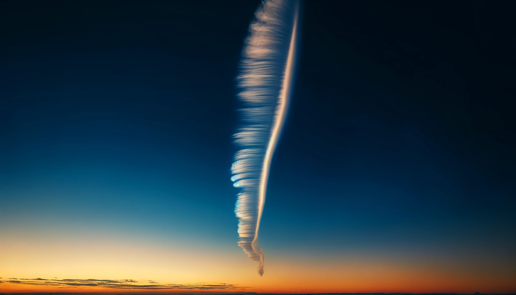 An image featuring a peculiarly narrow and elongated cloud in the sky. The cloud stretches across the sky, almost like a brushstroke on a canvas, set against a backdrop of clear blue or possibly a sunset with vibrant colors. The scene captures the unique and striking formation of the cloud, emphasizing its length and slender shape. The rest of the sky is relatively clear, highlighting the cloud's distinct appearance even more. This natural phenomenon creates a serene and somewhat mystical atmosphere, inviting viewers to pause and appreciate the beauty of the sky.