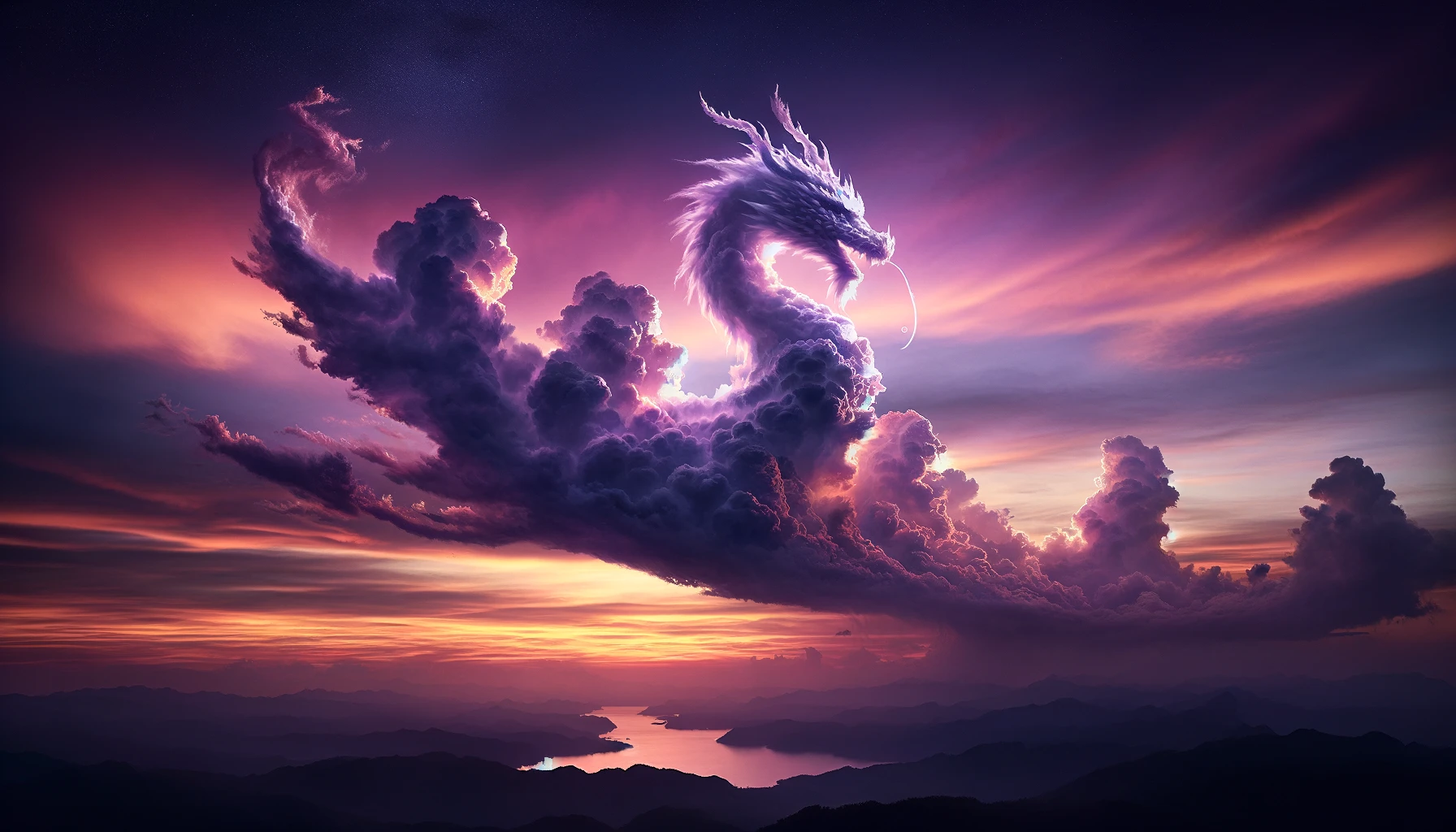 An image of a cloud in the shape of a dragon, giving off a spiritual impression. The scene is set in a serene and mystical atmosphere, with the dragon-shaped cloud majestically floating in the sky. The background is a breathtaking view of the sky at twilight, with hues of purple, orange, and pink, enhancing the mystical vibe. The cloud dragon appears almost ethereal, with its form detailed enough to discern its head, wings, and tail, suggesting a powerful yet serene presence. The overall composition evokes a sense of awe and spiritual wonder, as if the viewer has caught a glimpse of a mythical creature on a rare occasion.