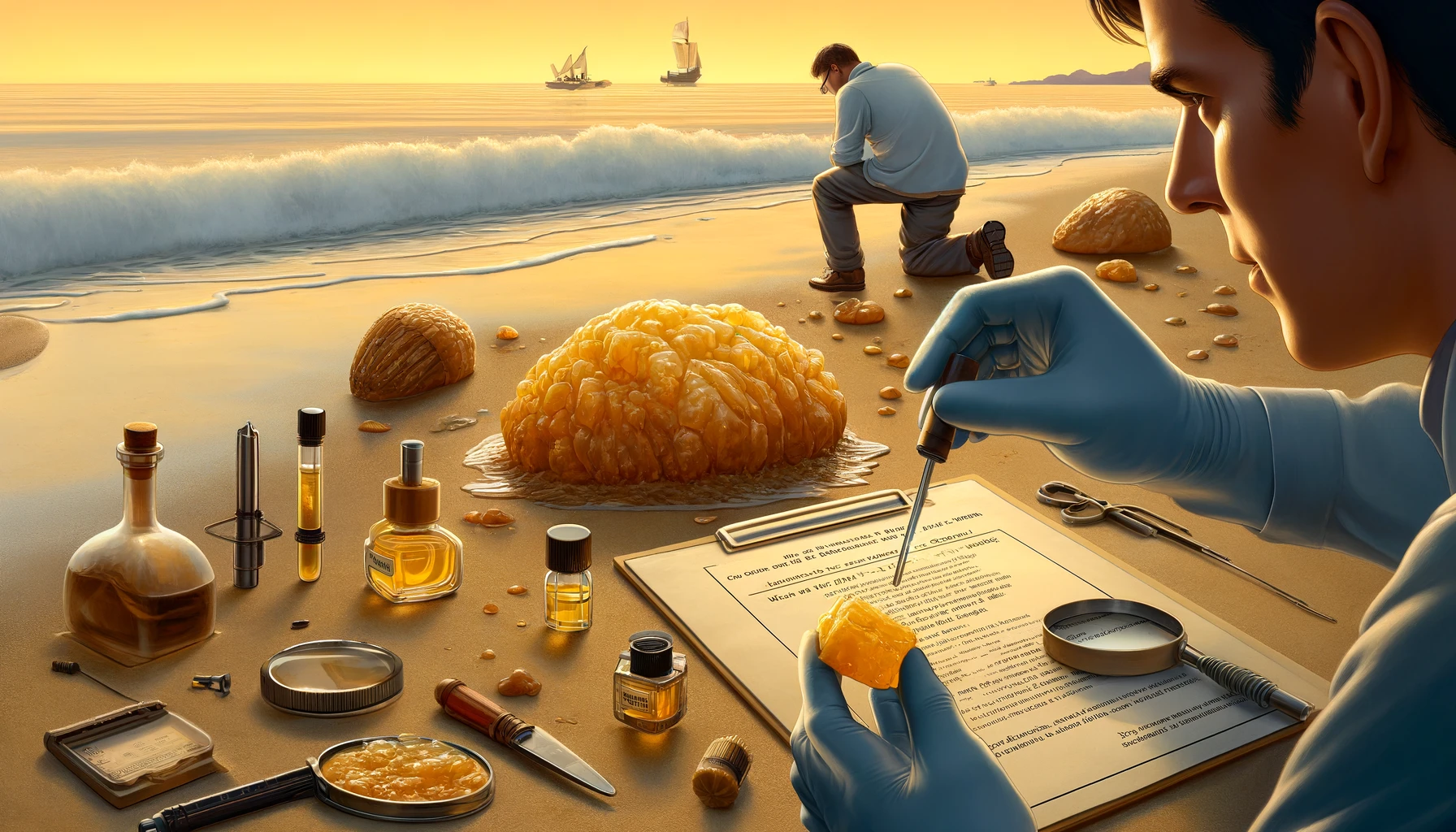 An image illustrating the methods for identifying ambergris, set in a scenario where someone is examining a piece of ambergris washed up on the shore. The scene includes a person equipped with tools such as gloves, a magnifying glass, and perhaps a reference book, analyzing the texture, color, and shape of the suspected ambergris. The ambergris is depicted as a waxy, lump-like object on the sand, with the individual assessing its authenticity by performing various tests, like the hot needle test, where a heated needle is applied to the ambergris to observe its melting behavior and scent. The background is a calm beach setting, emphasizing the discovery and investigation process of this rare and valuable substance.