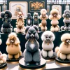 An artistic display of various styles of a fictional poodle-like Pokémon, resembling Furfrou, named Trimmian. This image features multiple Trimmians each with a different and elaborate hair trim ranging from sleek and modern cuts to more traditional and fluffy styles. The setting is a stylish dog show, with each Trimmian posed on a separate platform, showcasing their unique grooming. The background is elegant, with banners of the dog show and a crowd of spectators in soft focus, emphasizing the beauty and diversity of the grooming styles.
