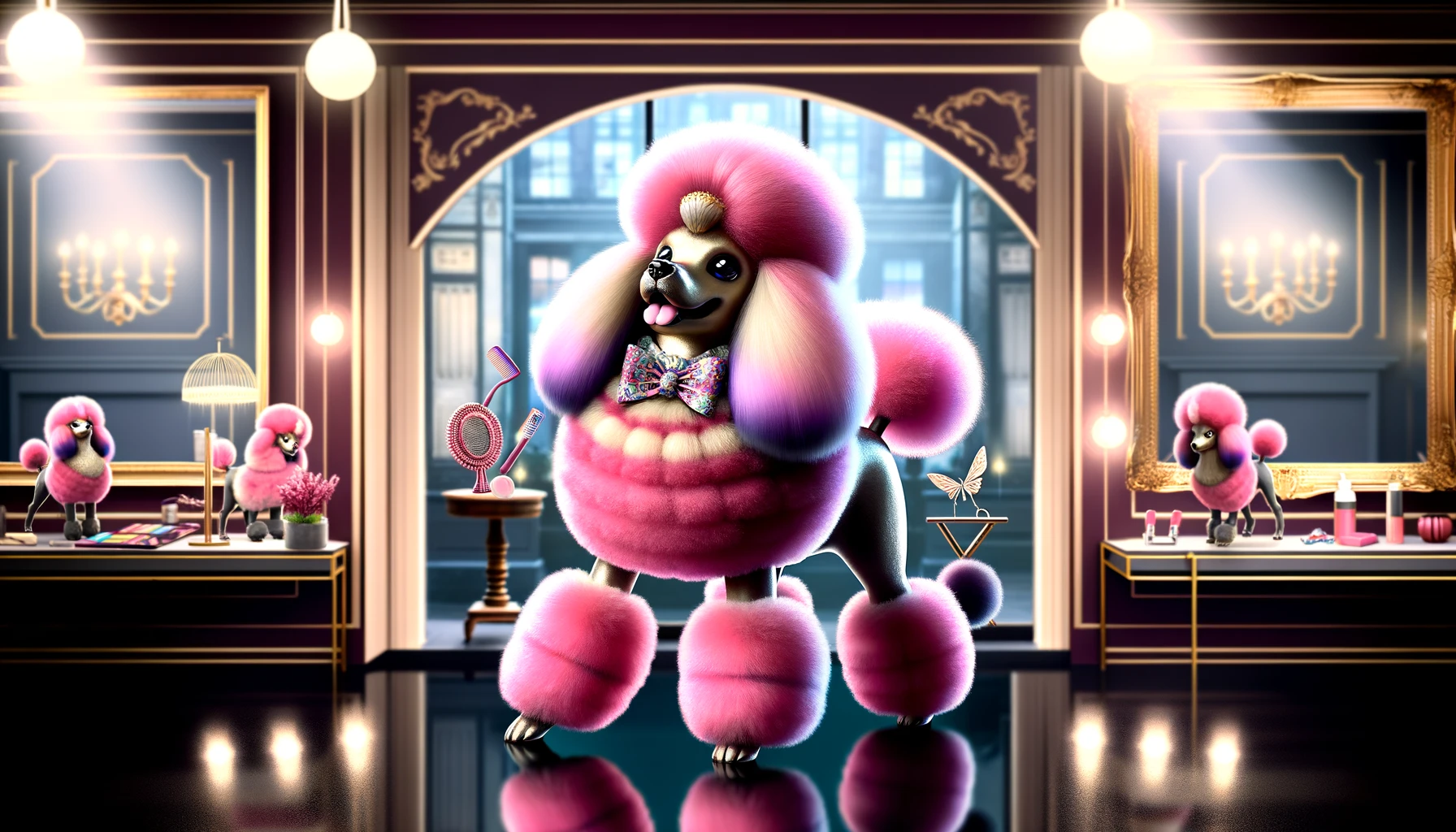 An artistic depiction of the shiny version of a fictional poodle-like Pokémon, resembling Furfrou, named Trimmian. This creature has a luxurious, bright pink fur coat styled in an extravagant, elaborate trim, featuring puffy segments and intricate patterns. It stands elegantly in a posh salon setting, with stylish decor and grooming tools displayed. The background includes a large mirror reflecting the sophisticated appearance of Trimmian, under soft, glamorous lighting that highlights its unique and stylish look.