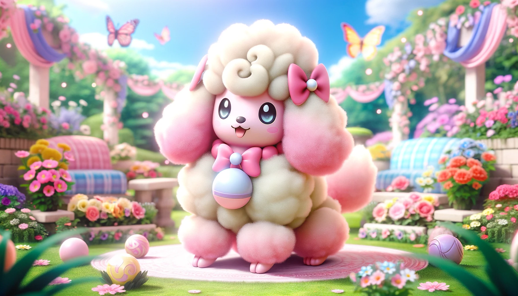A charming image of a fictional poodle-like Pokémon, resembling Furfrou, named Trimmian. This Trimmian has fluffy, cotton candy pink fur styled into an adorable, intricate trim that includes curls and bows, giving it a very endearing appearance. It is sitting in a beautifully decorated garden, surrounded by colorful flowers and butterflies, under a sunny sky. The setting is idyllic and playful, enhancing the cute and magical vibe of Trimmian, making it appear incredibly lovable and appealing.