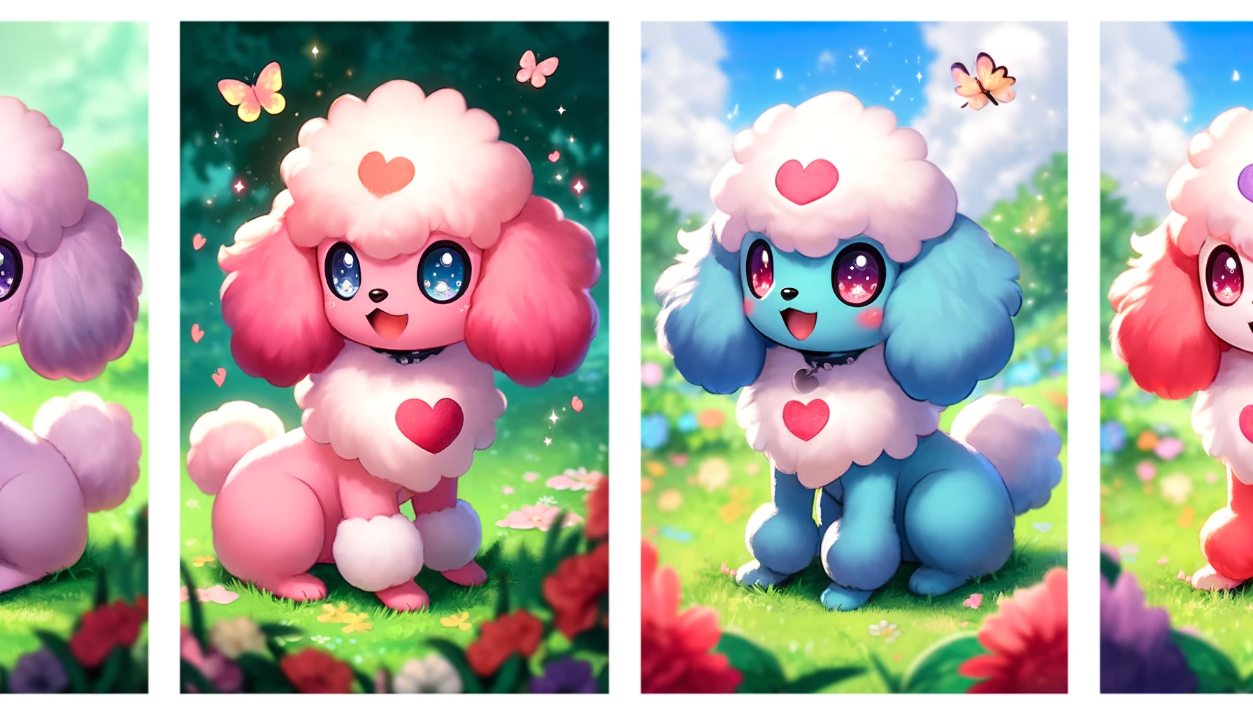 A series of charming images featuring a fictional poodle-like Pokémon, resembling Furfrou, named Trimmian. The first image captures a Trimmian with a heart-shaped trim, pink fur, and sparkling eyes, looking playful and adorable. The second image showcases a Trimmian with star-shaped patterns shaved into its fur, in a cheerful, bright blue color, adding to its whimsical appeal. Both scenes are set in a lush park with flowers and butterflies, enhancing the cute and magical vibe of these creatures, making them seem delightful and endearing to viewers.