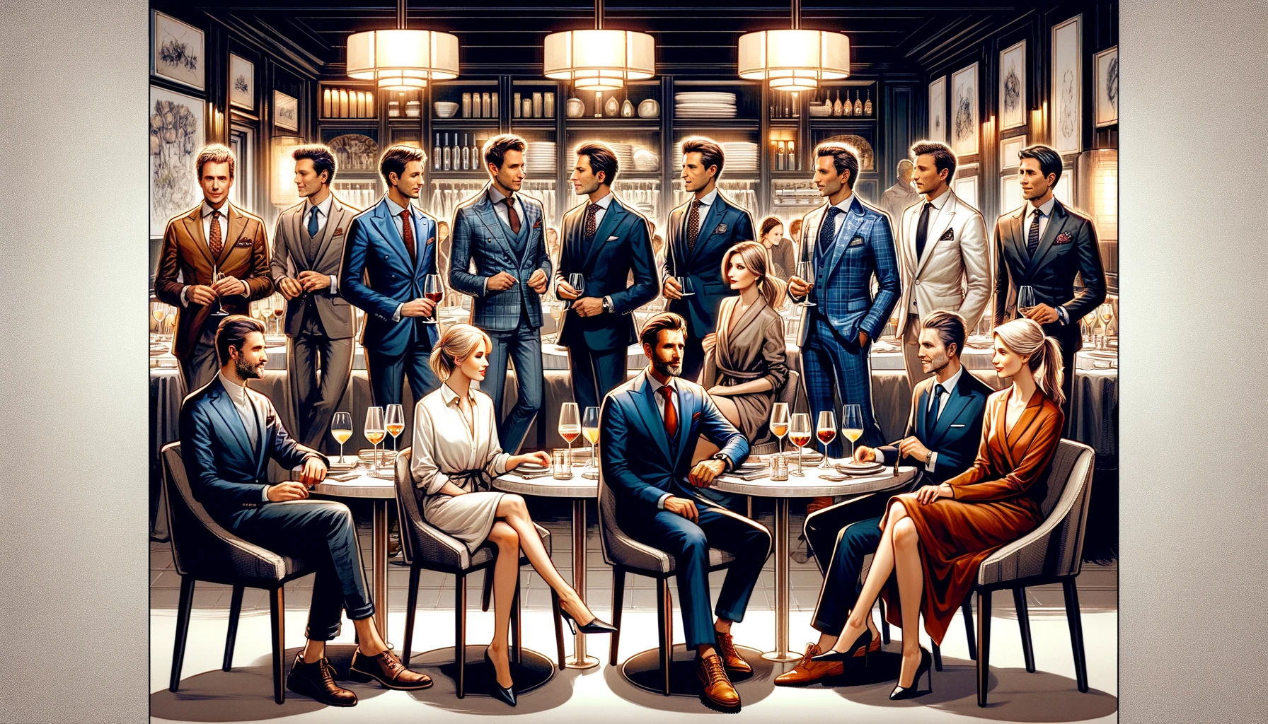 An elegant and stylish dining scene that illustrates specific examples of the smart casual dress code at Wolfgang's Steakhouse. The image includes diverse groups of diners, both men and women, dressed in exemplary smart casual attire. Men are depicted in tailored blazers over collared shirts with slacks or dark jeans, while women are in sophisticated dresses or chic combinations of blouses and skirts. The setting is a luxurious Wolfgang's Steakhouse interior, with tasteful decor and a warm, inviting ambiance, showcasing the upscale yet approachable dining experience.