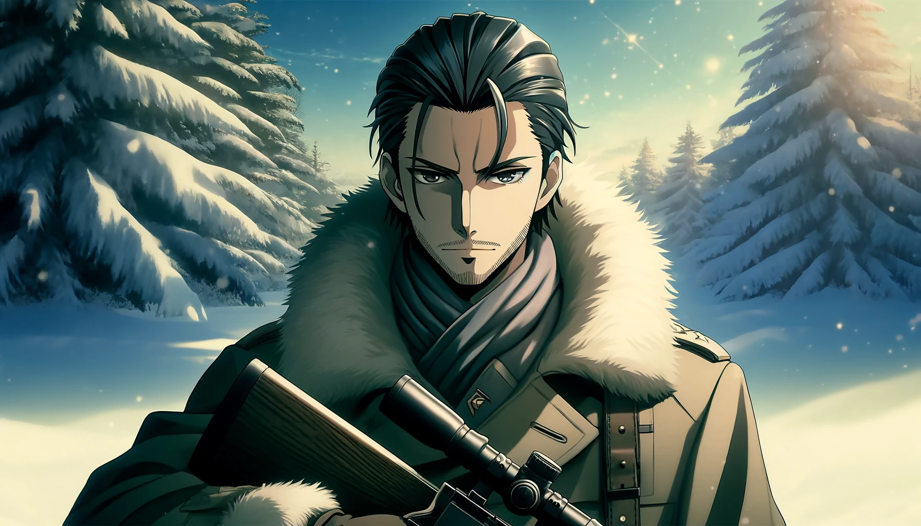 Anime-style image of a charismatic male character inspired by 'Golden Kamuy'. He has a sharp gaze, a rugged face with a scar, and a military uniform. The character stands in a snowy landscape, holding a rifle, exuding a sense of authority and mystery. His demeanor is cool and calculated, representing a sniper's precision and stoicism. The background features a wintry Hokkaido forest, adding to the harsh survival theme.