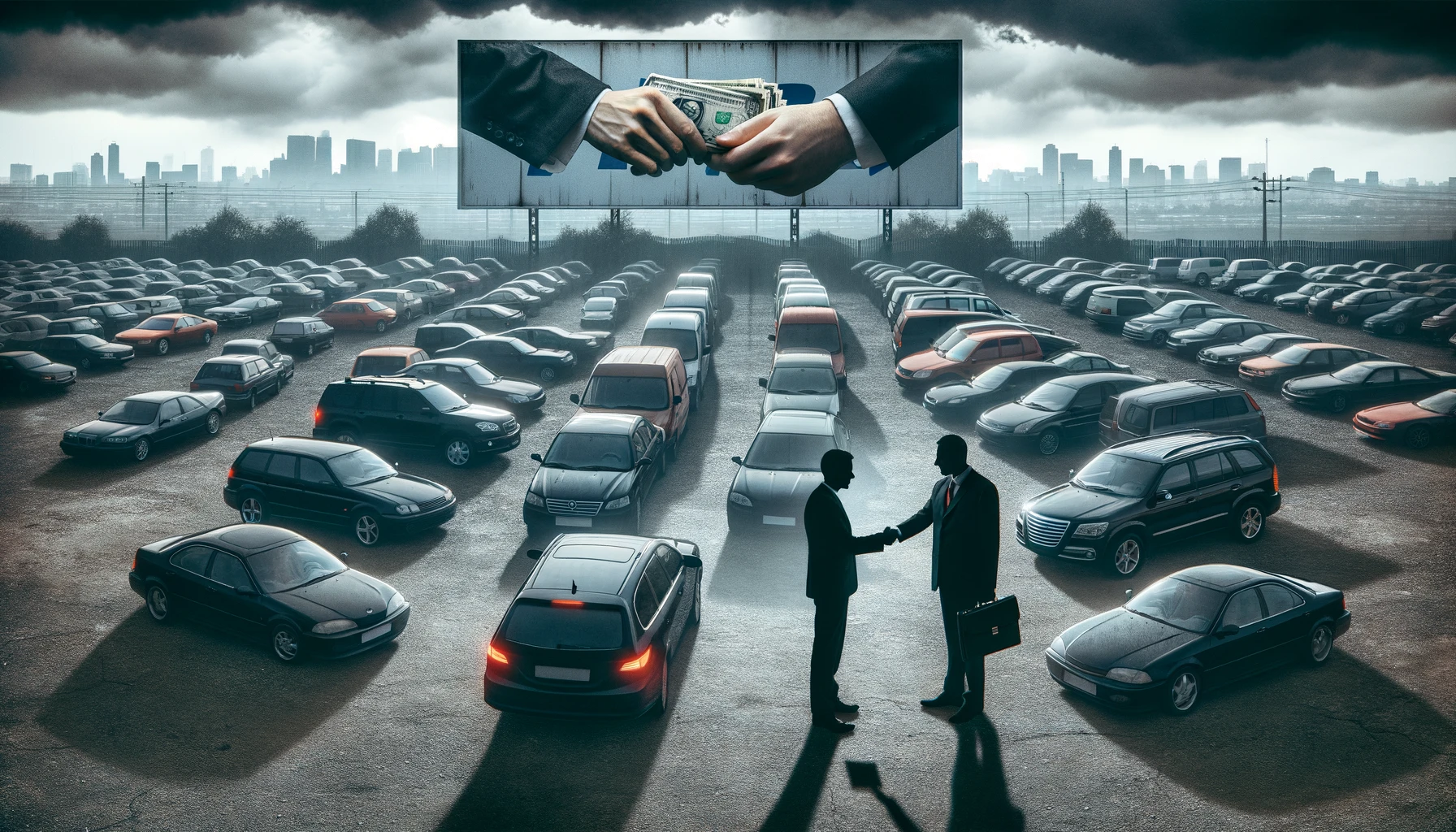 An image depicting a large, unethical used car dealership involved in fraudulent activities. The scene shows a sprawling car lot filled with various types of cars under a gloomy sky, symbolizing the dark nature of the business. There are shadowy figures in business suits, one of whom is shaking hands with another while passing an envelope discreetly, suggesting a bribe or illicit deal. The dealership's sign is prominent but looks worn and slightly damaged. The overall atmosphere is tense and suspicious, with a city skyline in the background, suggesting an urban setting.
